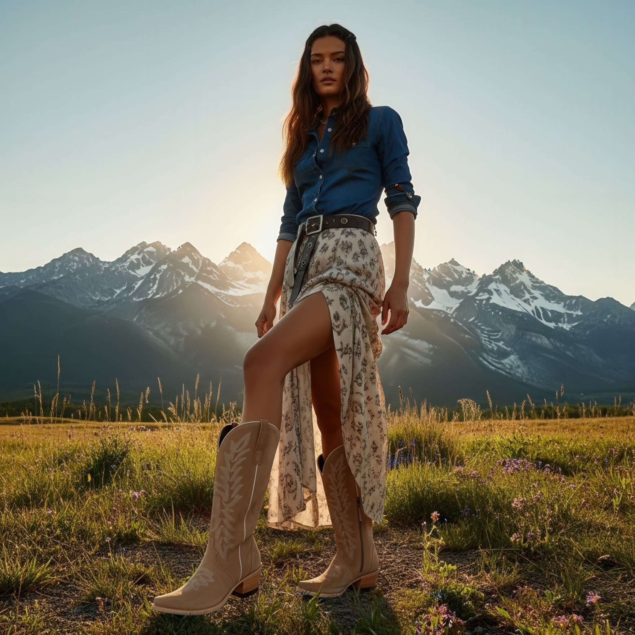 Woman standing in a field wearing a dark denim shirt tucked into a high-slit floral skirt, black belt, and tall tan cowboy boots. Snow-capped mountains and a glowing sun create a dramatic scenic backdrop
