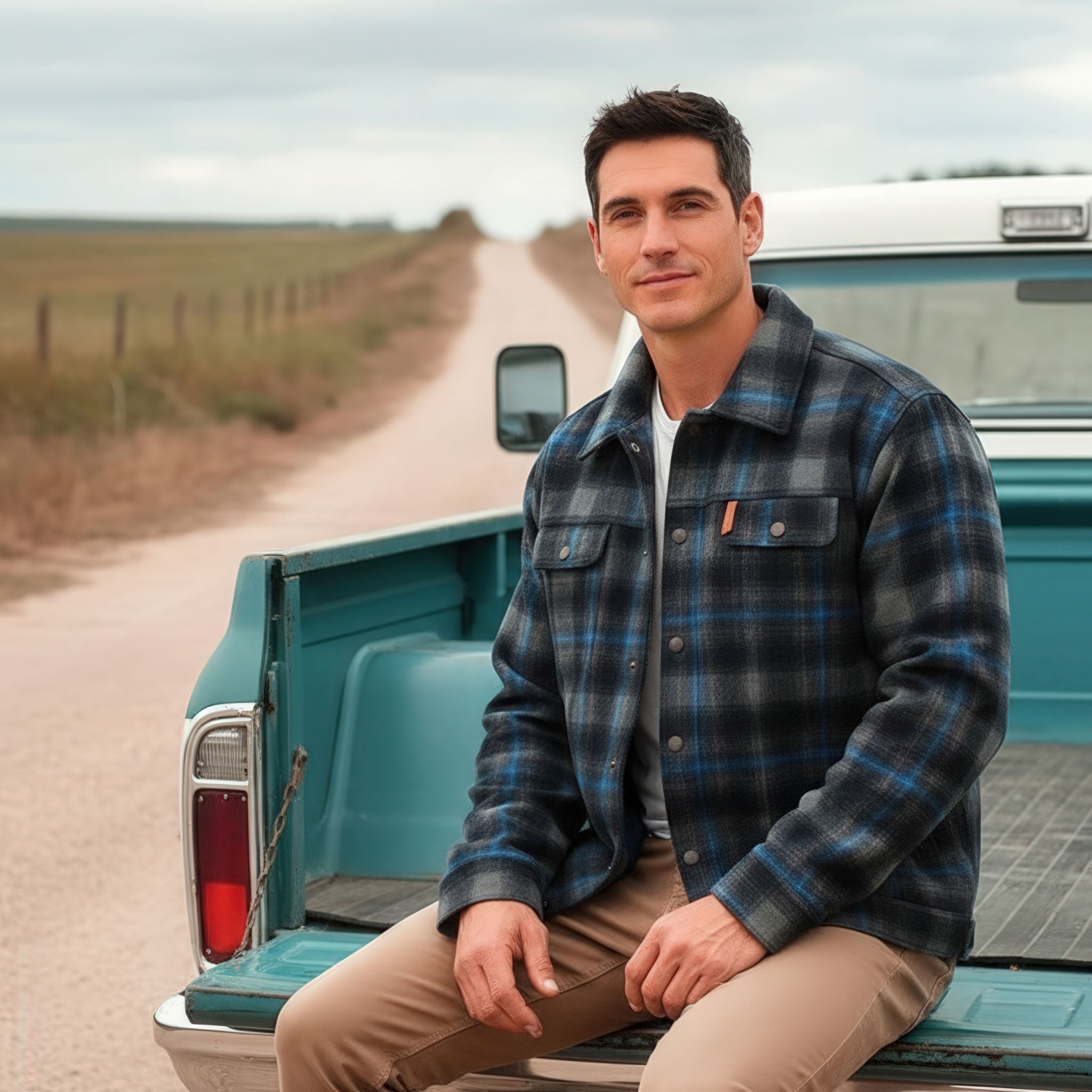 A man wearing a plaid jacket and khaki pants sits on the tailgate of a teal pickup truck parked on a rural dirt road