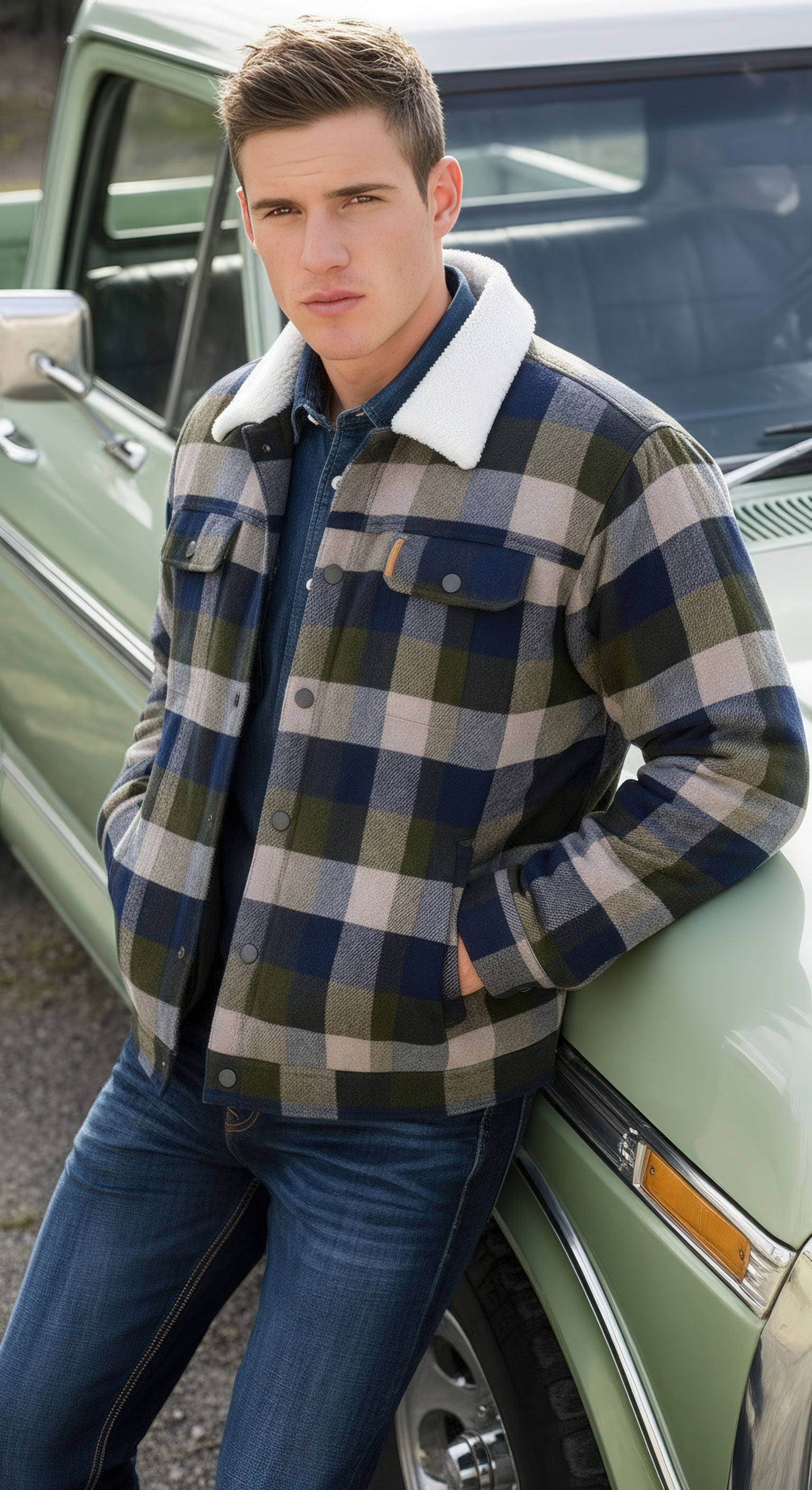 A man wearing a plaid sherpa-lined jacket and jeans leans against a light green vintage truck