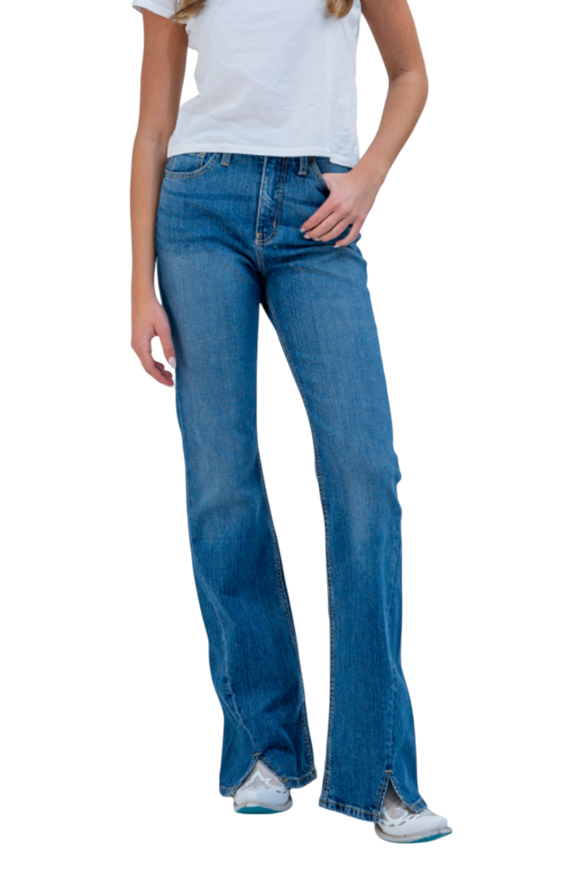 Person wearing blue jeans and a white shirt on a white background