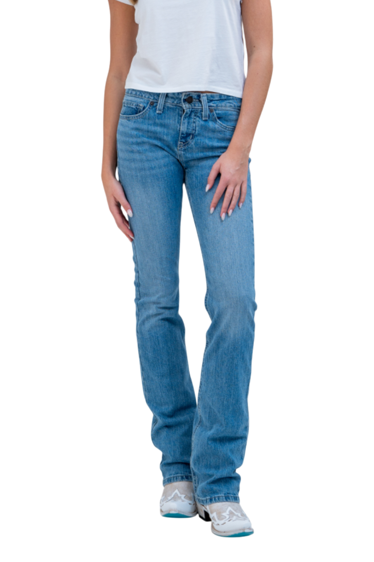 Person wearing light blue jeans on a white background