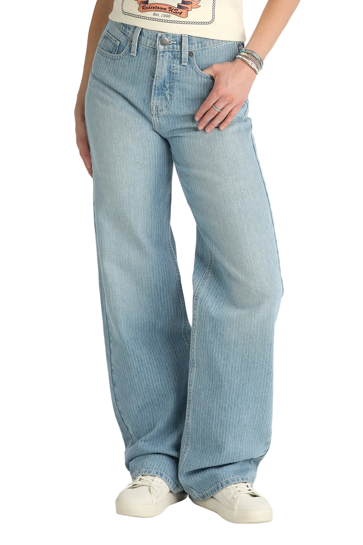 CB77254001 Light blue jeans worn by a person on a white background