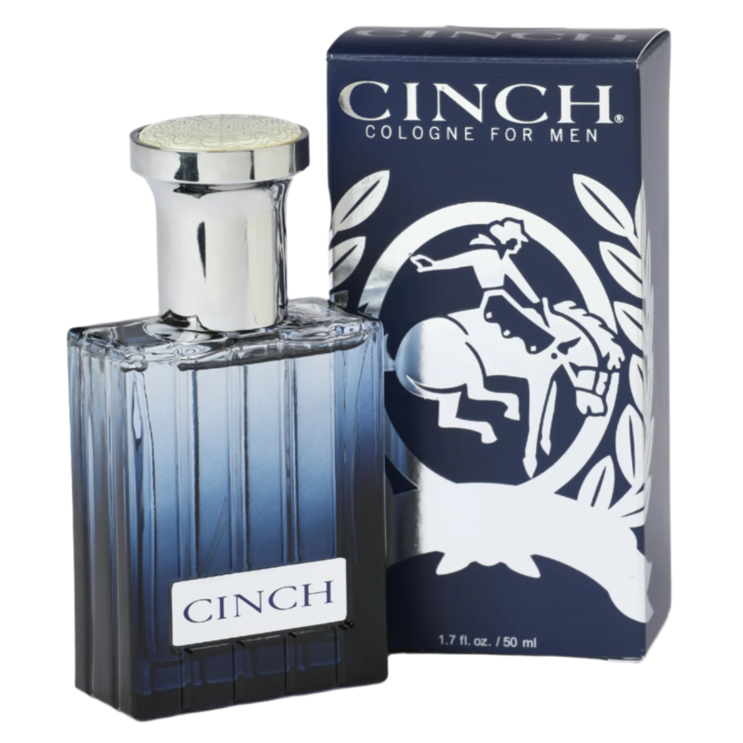 Cinch cologne for men in a blue bottle and blue packaging