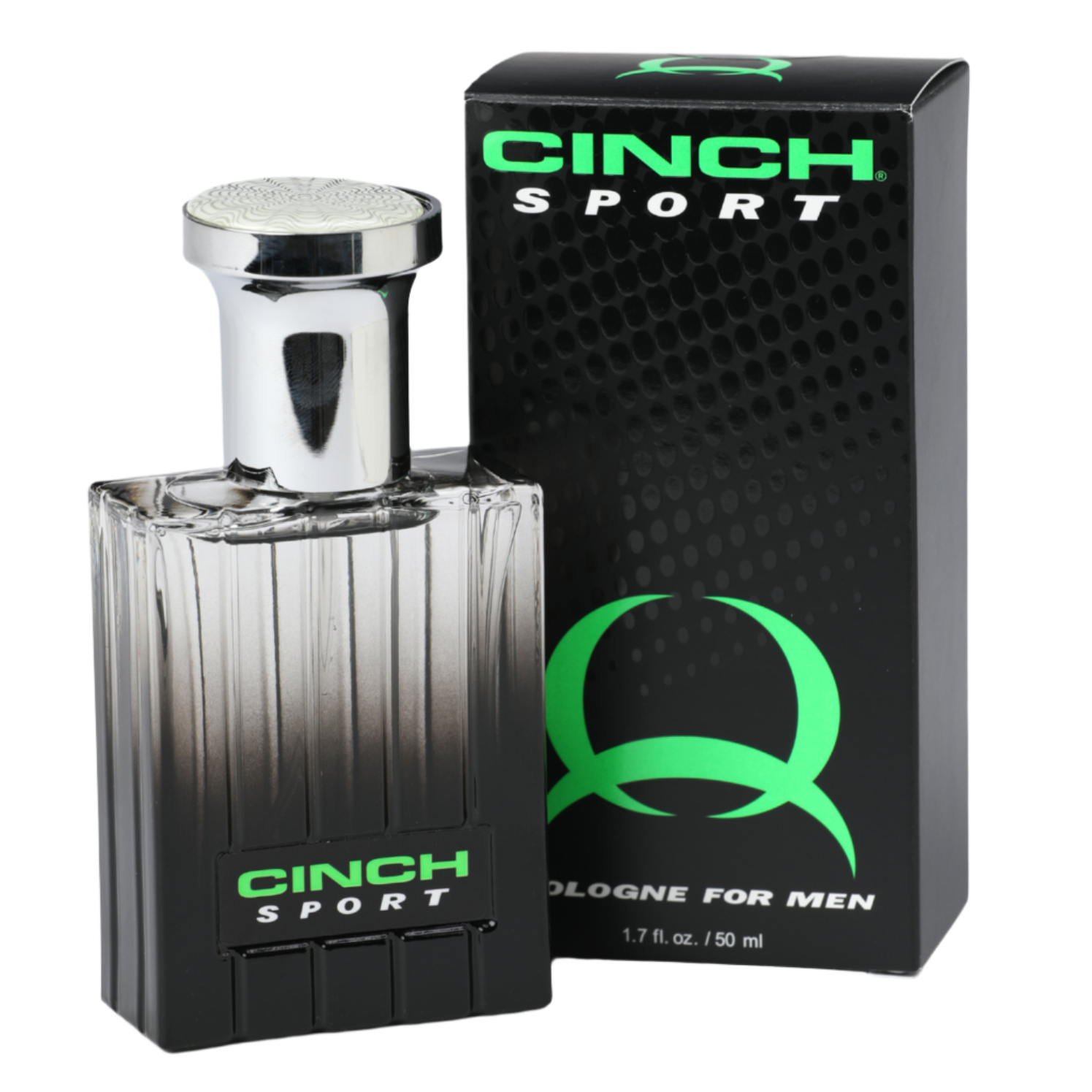 Cinch cologne for men in a black bottle and black packaging with green and white writing