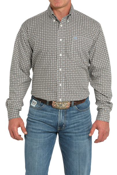 Man wearing a patterned gray long sleeve button-down shirt and jeans on a transparent background 