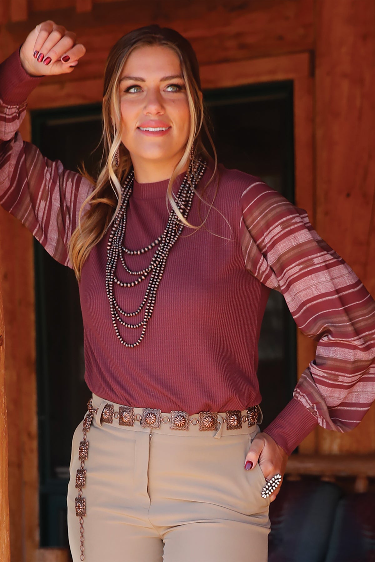 CRUEL WOMENS LONG SLEEVE BLOUSE - BURGUNDY
