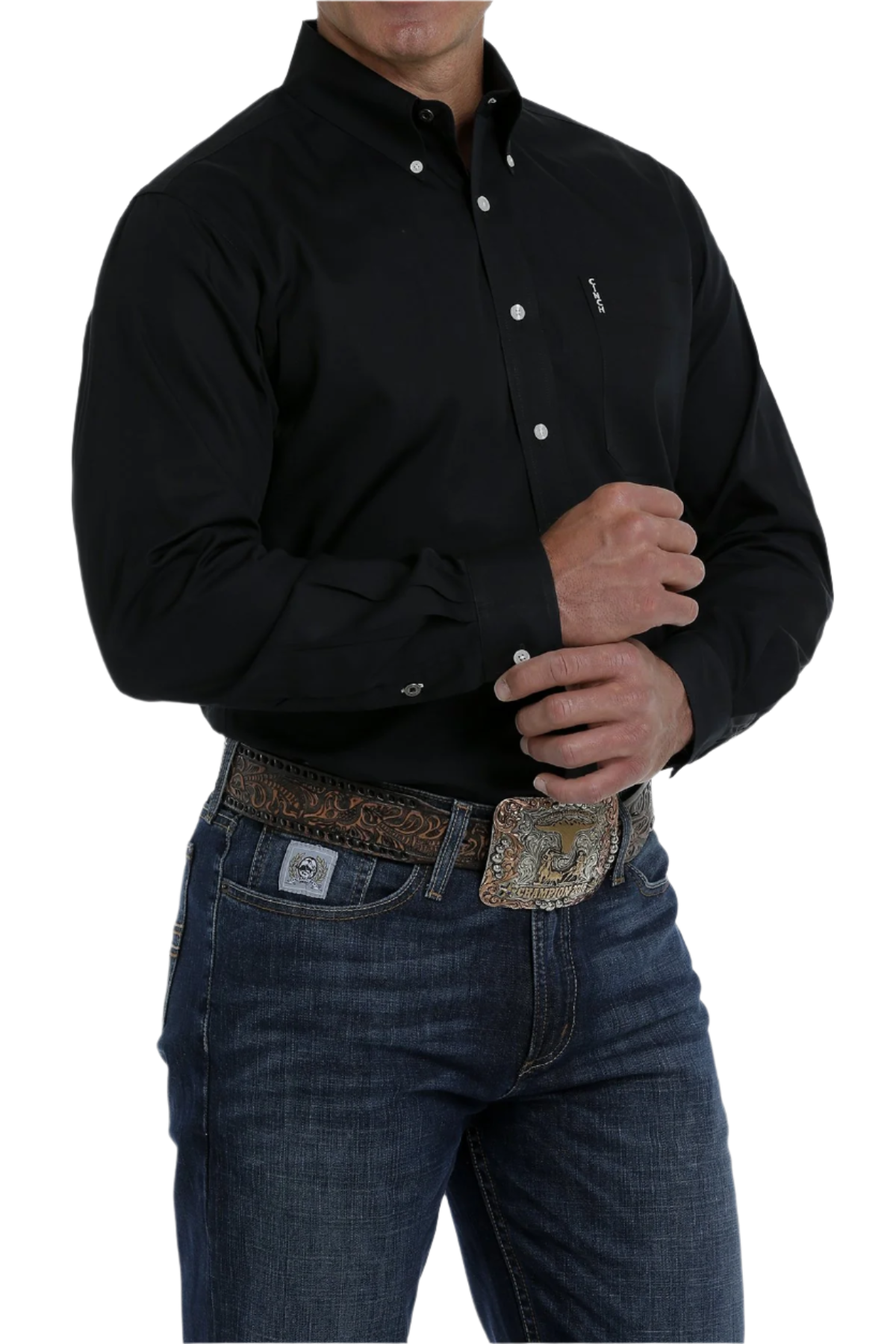 A man wearing a long sleeve black button-down shirt and blue jeans, with a Cinch logo.