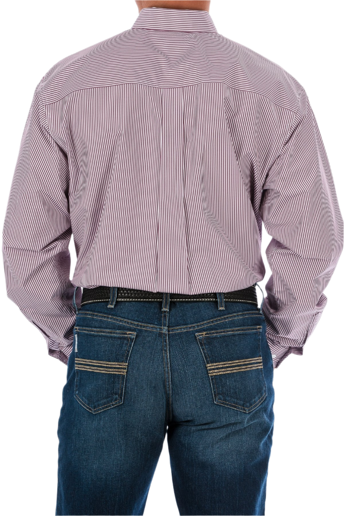 Back view of a man wearing a long sleeve striped button-down shirt in burgundy with jeans and a western belt