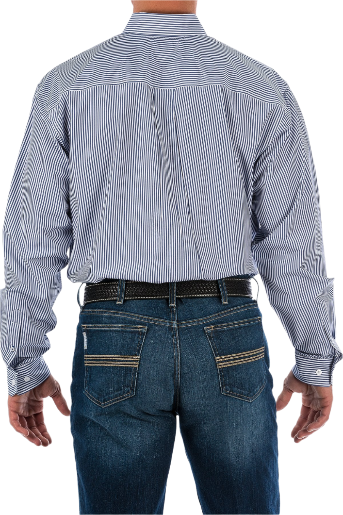 Back view of a man wearing a long sleeve striped button-down shirt in blue and white, with jeans