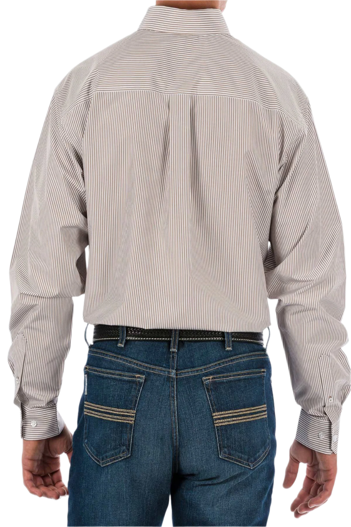 Back view of a man wearing a long sleeve striped button-down shirt in khaki color with jeans