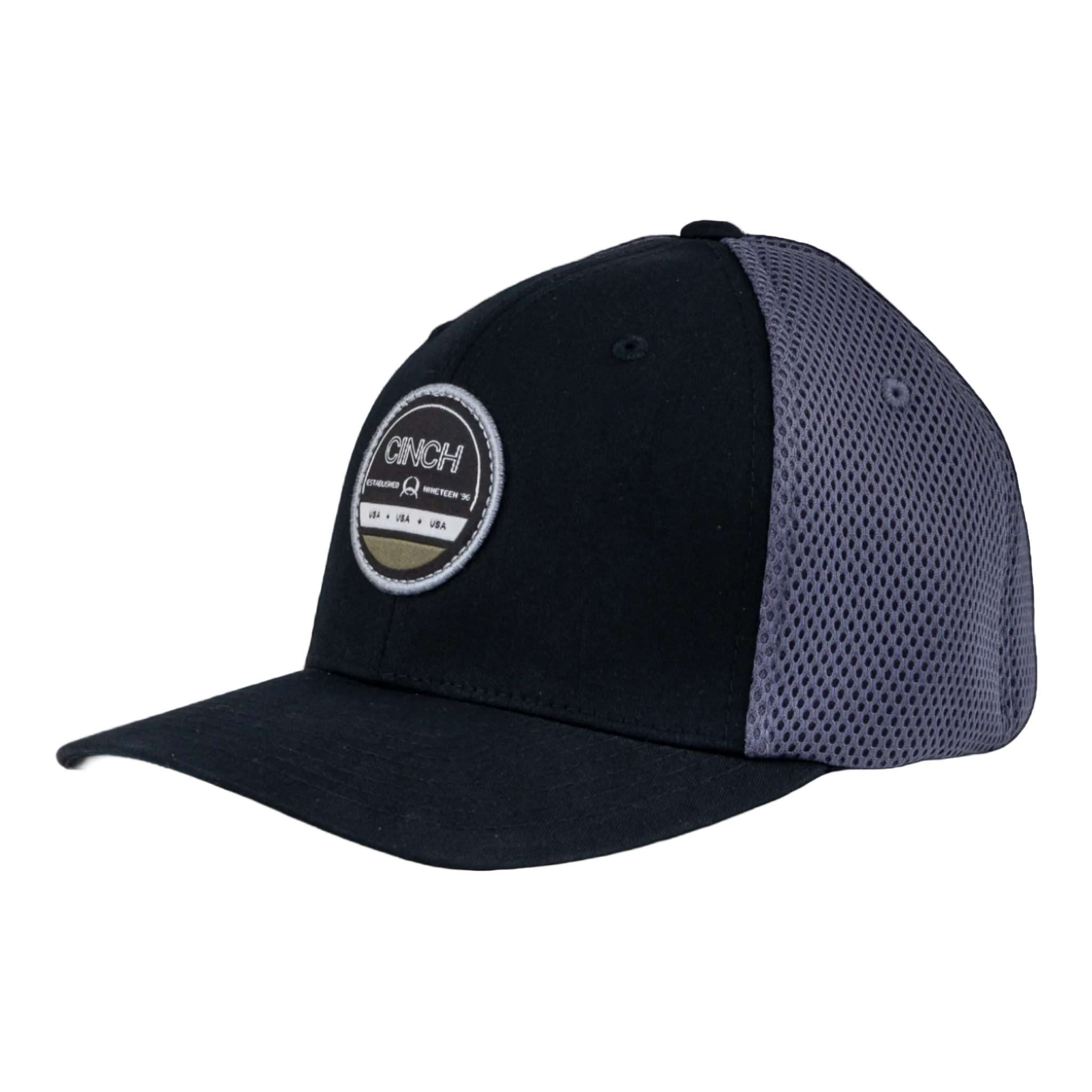 Black and gray baseball cap with a visible brand logo on a transparent background