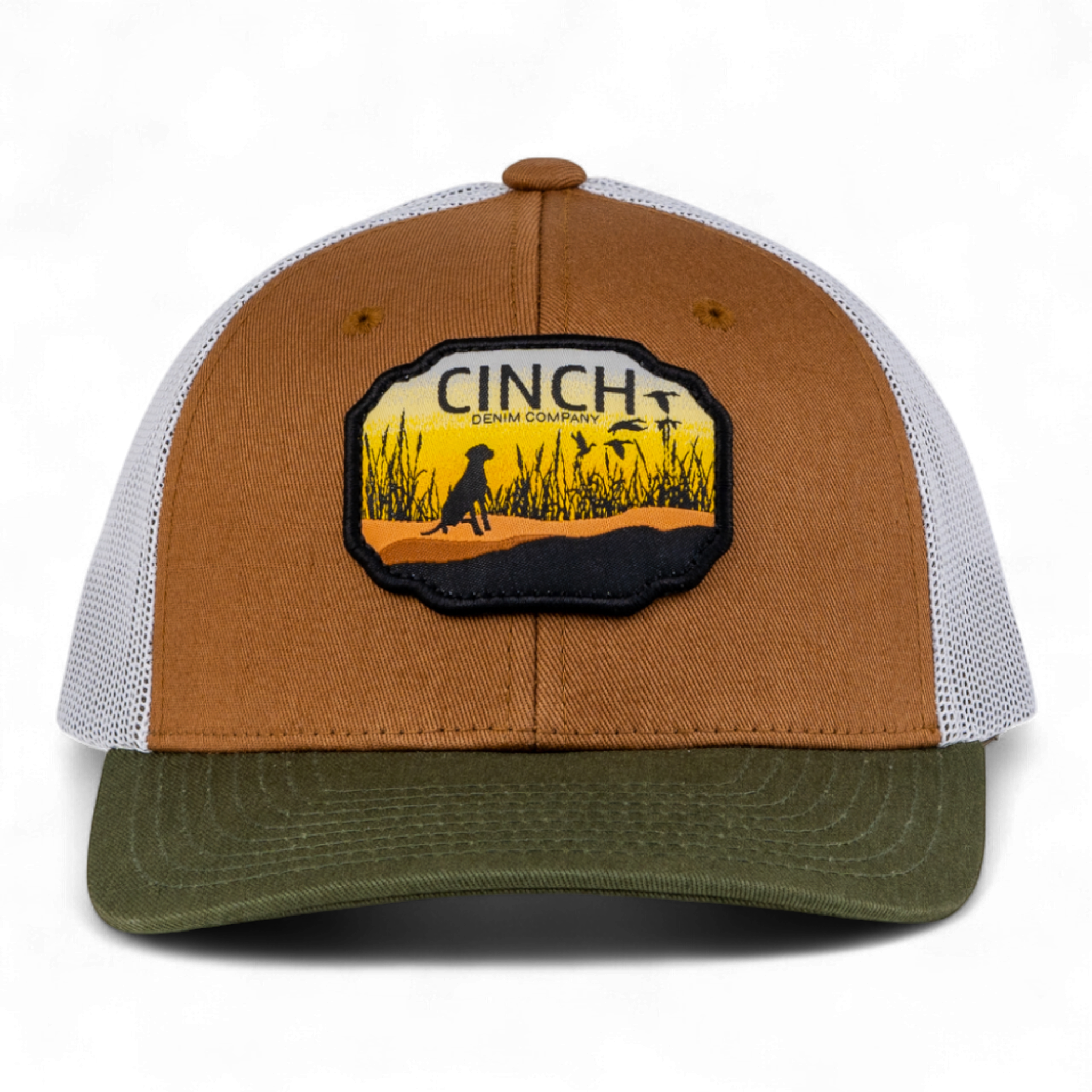 Brown and green trucker hat with a logo on a white background