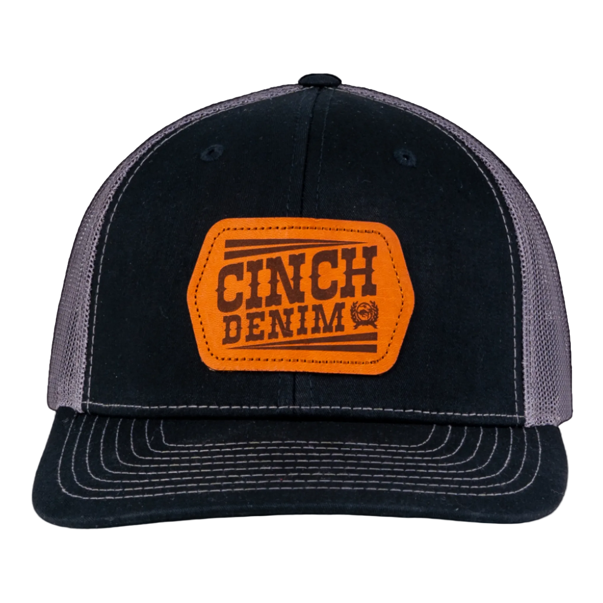 Black and gray cap with orange 'Cinch Denim' logo on a transparent background