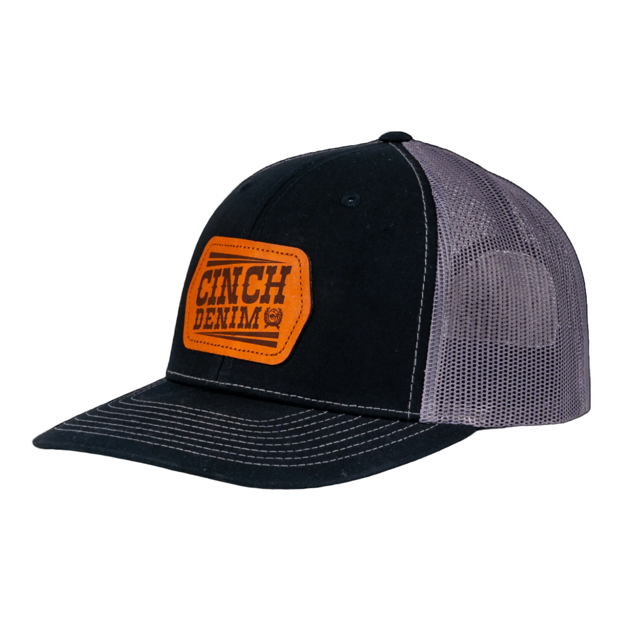 Black and gray cap with orange 'Cinch Denim' logo on a transparent background