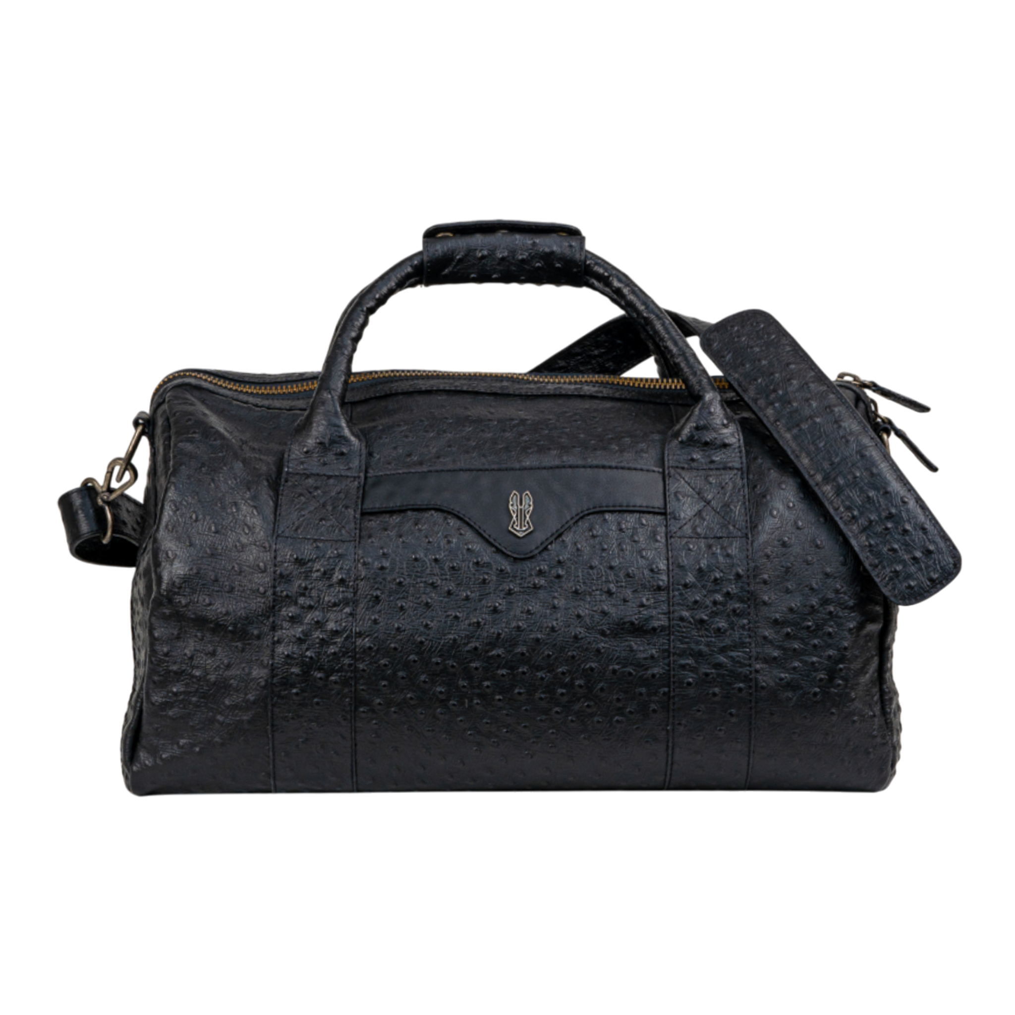 Black textured duffel bag with a strap on a white background