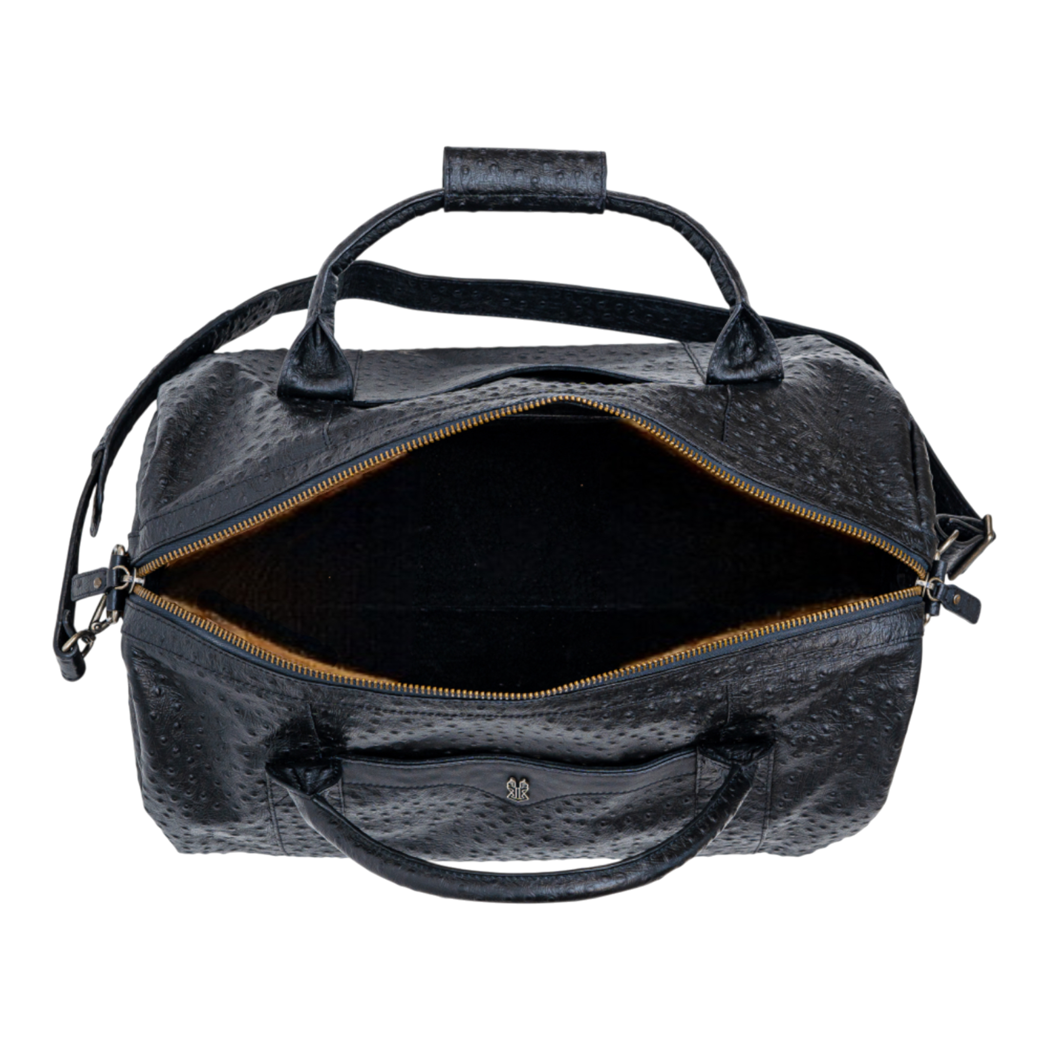 Black textured duffel bag with open front pocket on a white background