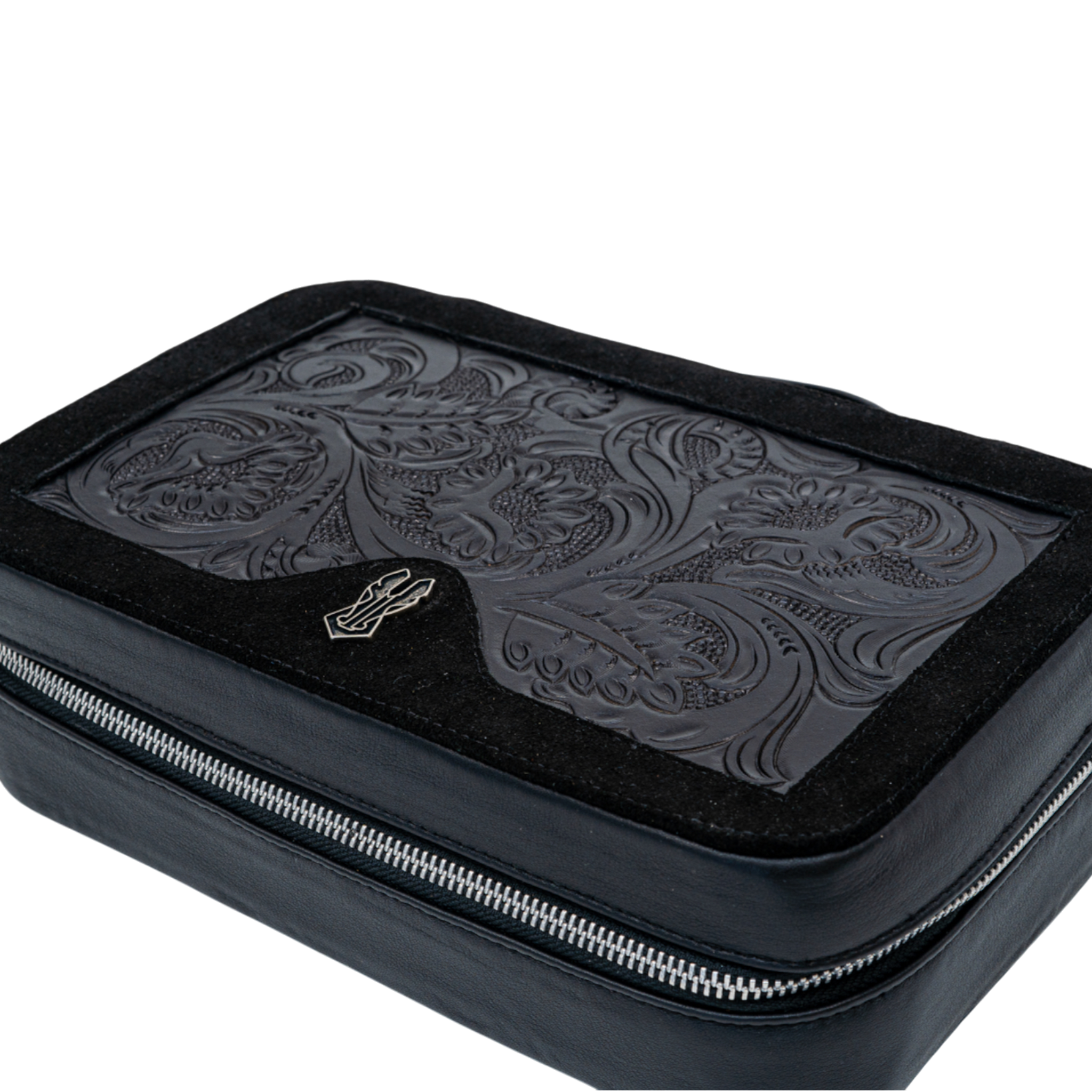 Black leather case with intricate patterns and a zipper on a white background