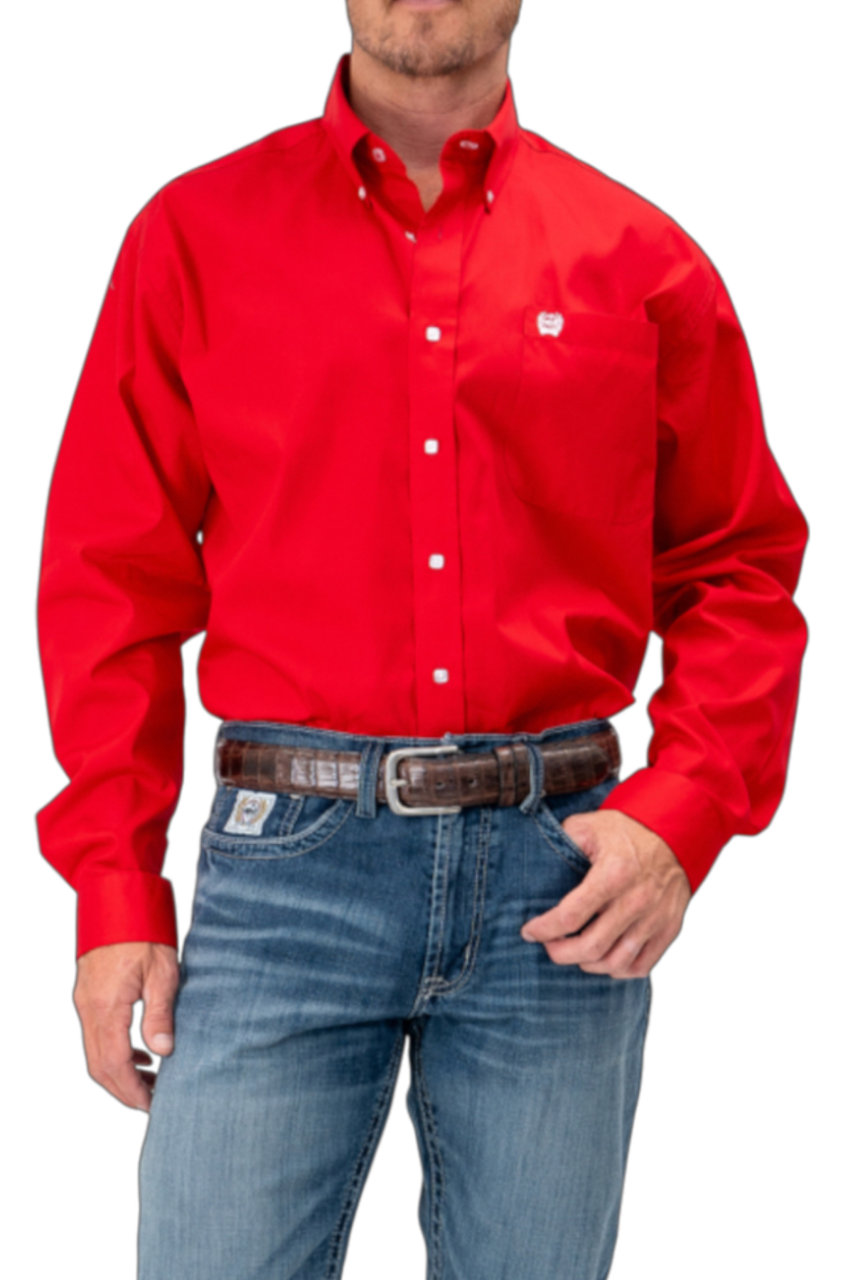 Man wearing a red long sleeve button-down shirt and jeans on a transparent background