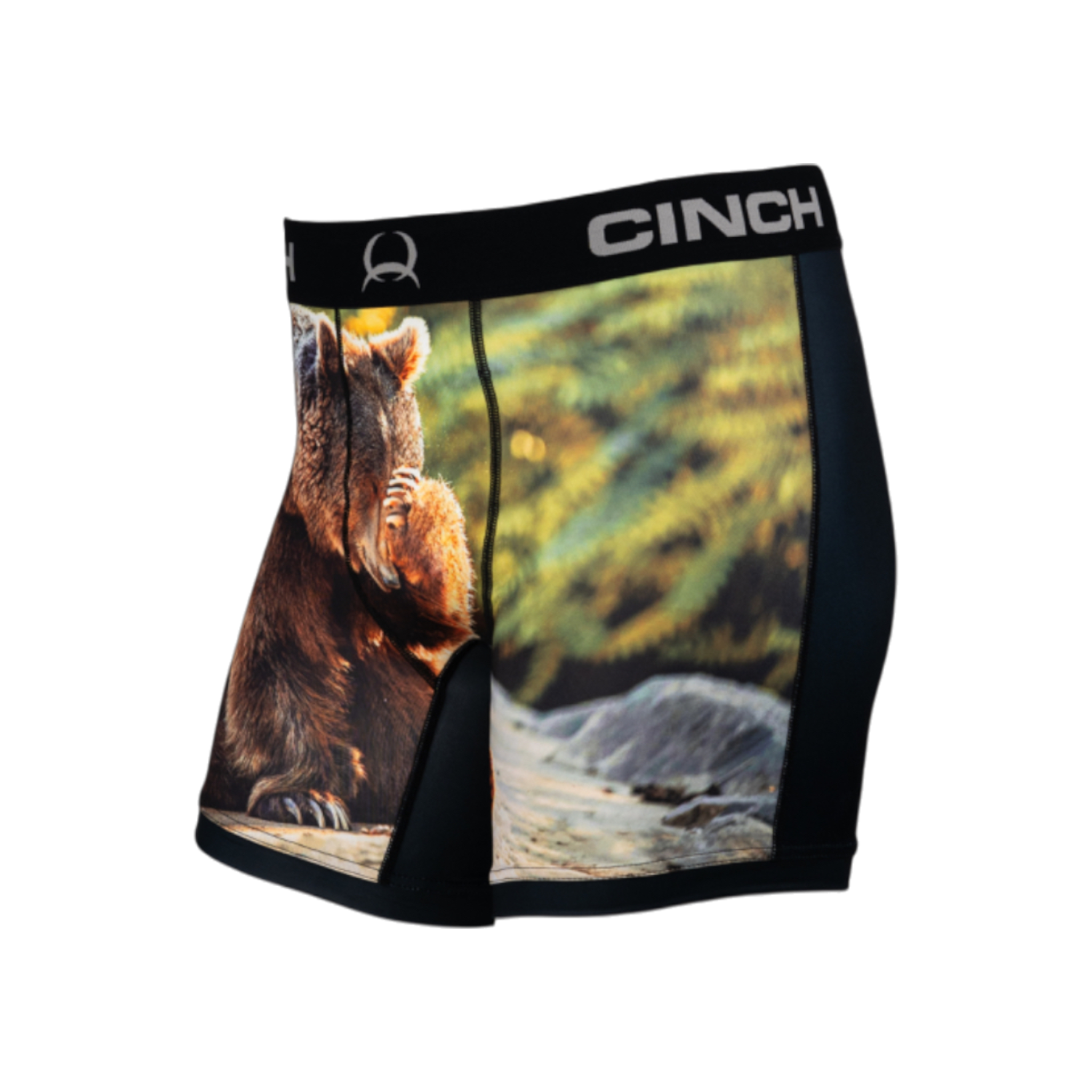 Side view of men's Cinch underwear with a black waistband, featuring a plain black back, and image of a grizzly bear on the front