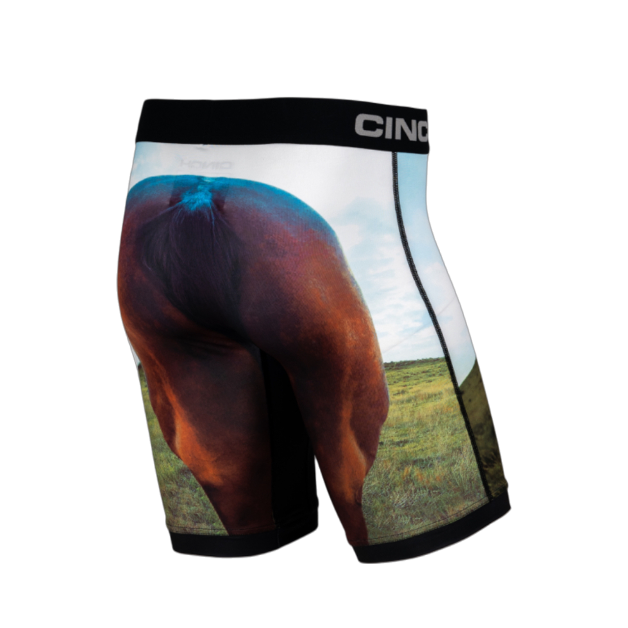 Side/back view of men's Cinch underwear with a black waistband, featuring a picture of a horse's behind