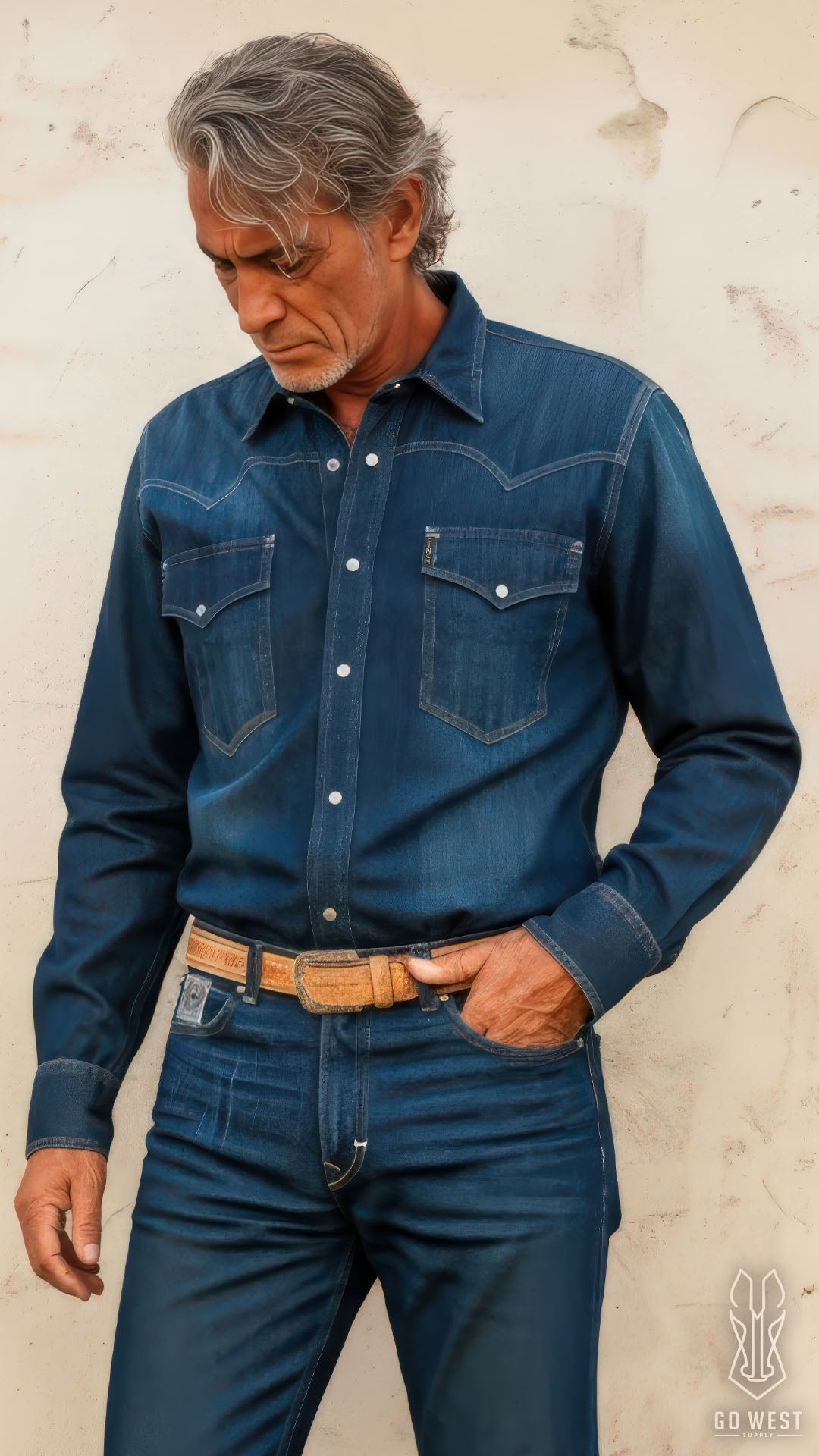 Man wearing a denim long sleeve button-down, jeans and a western belt
