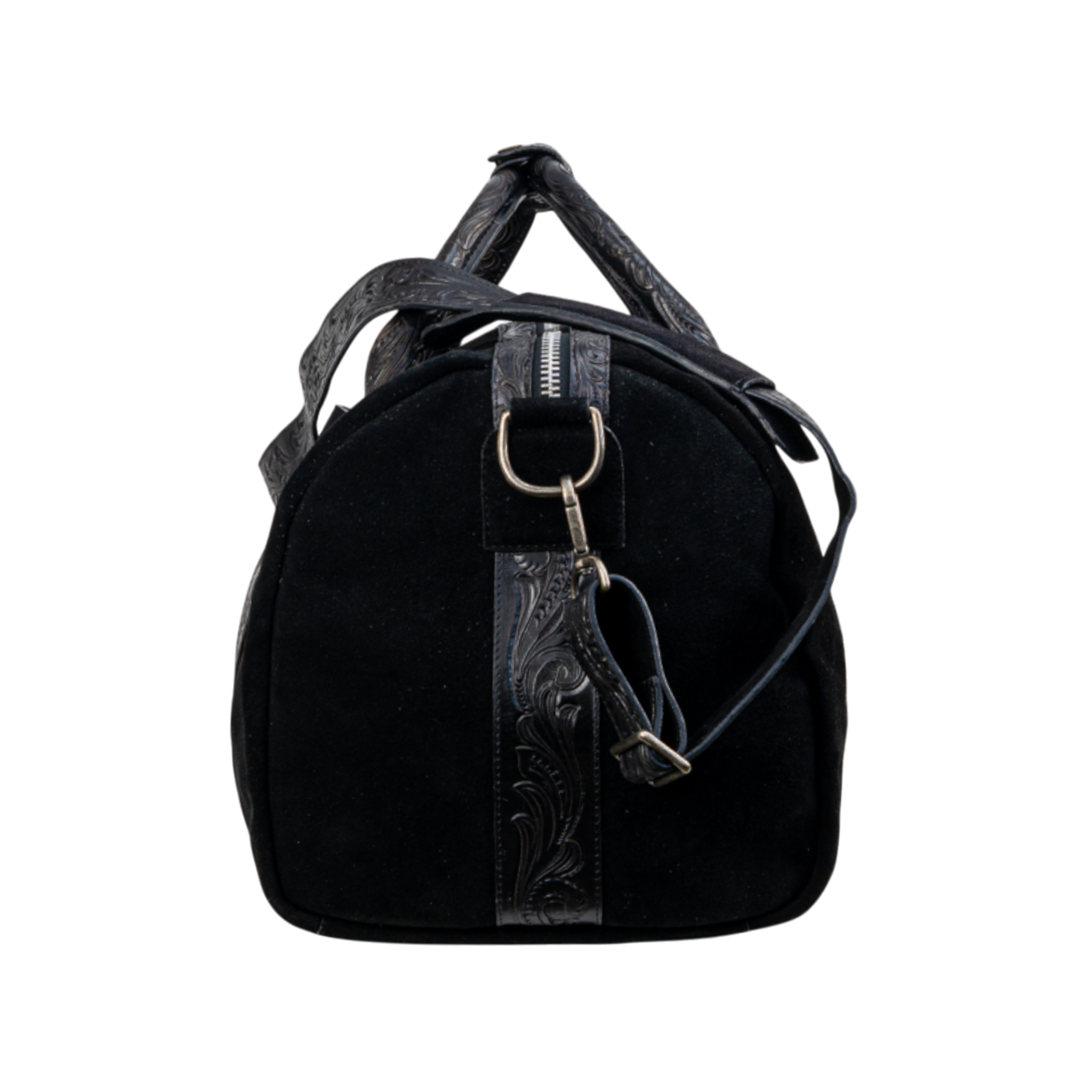 Side view of a black suede duffel bag on a transparent background