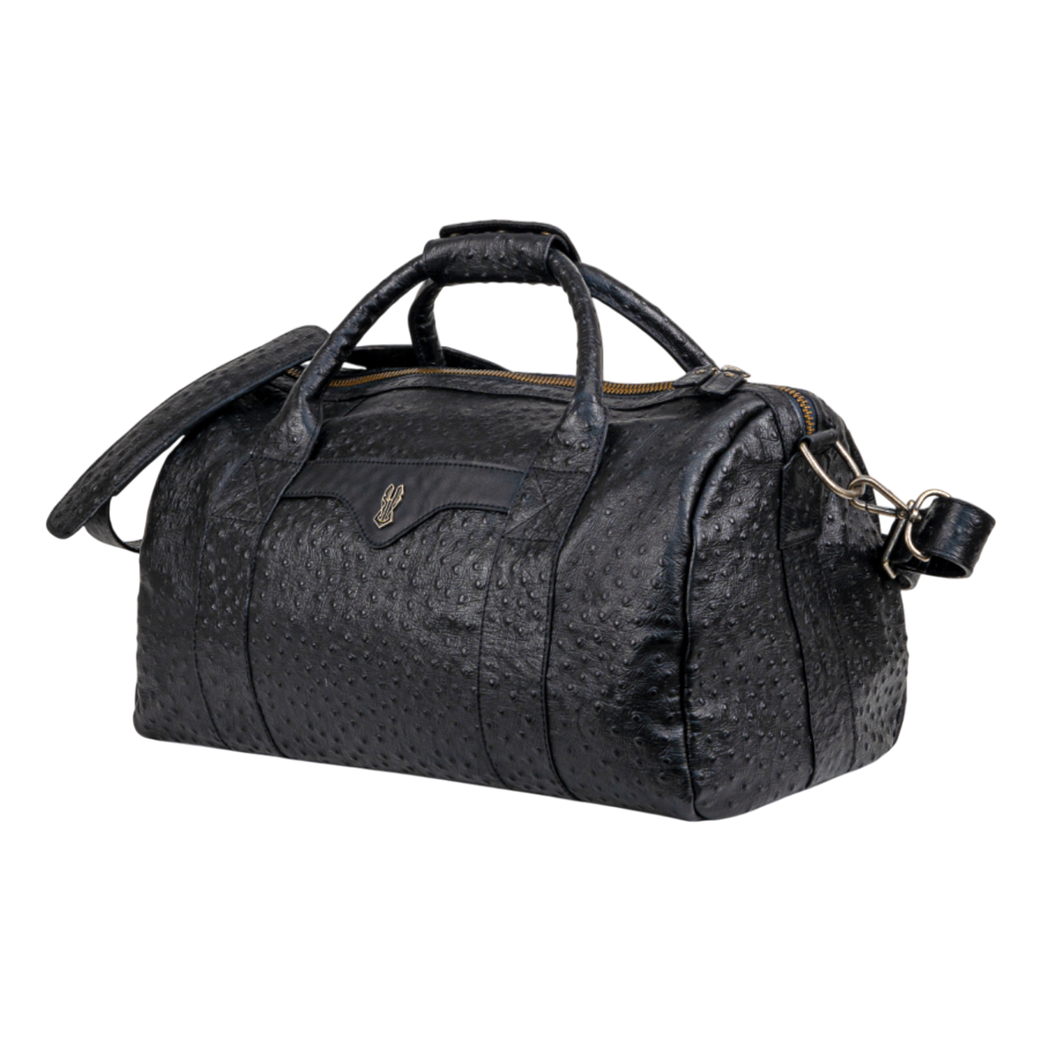 Black textured duffel bag on a white background