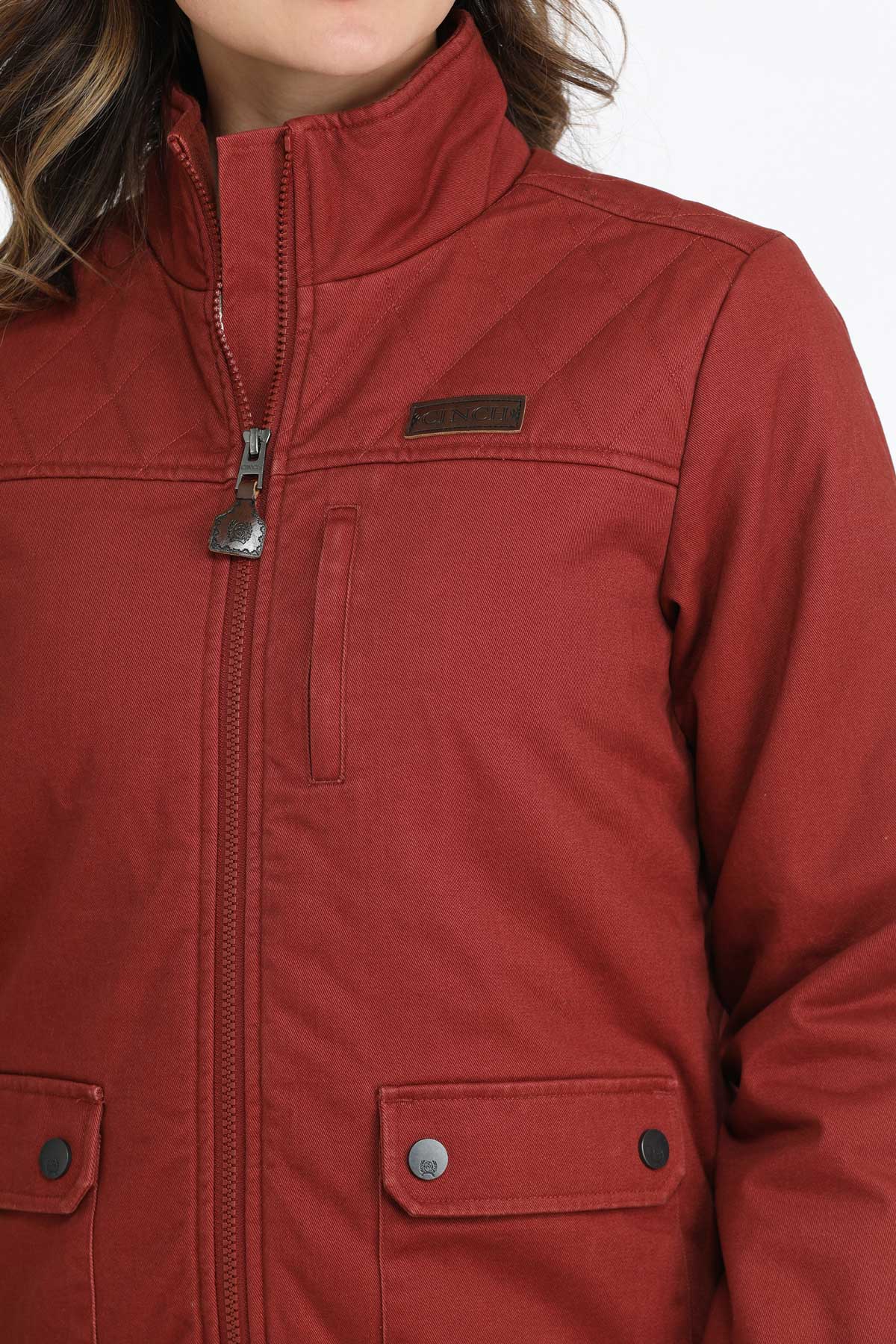 Close-up of a woman wearing a red jacket 