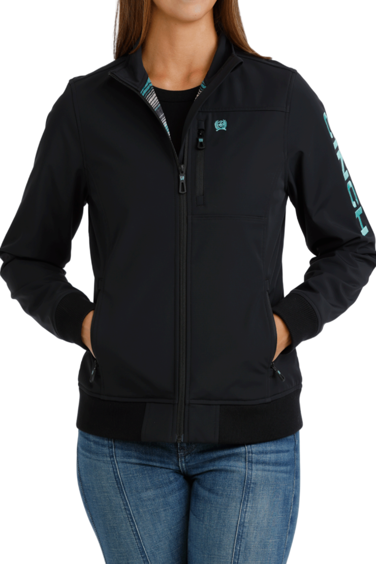 Black jacket with brand logo on a white background