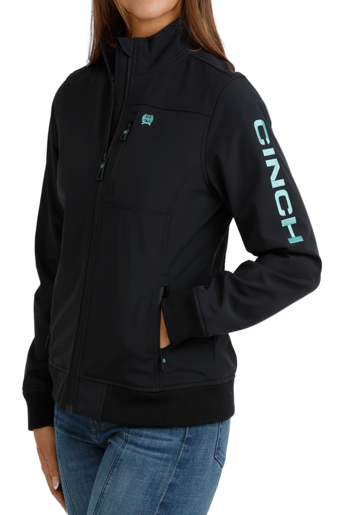 Black jacket with brand logo on a white background