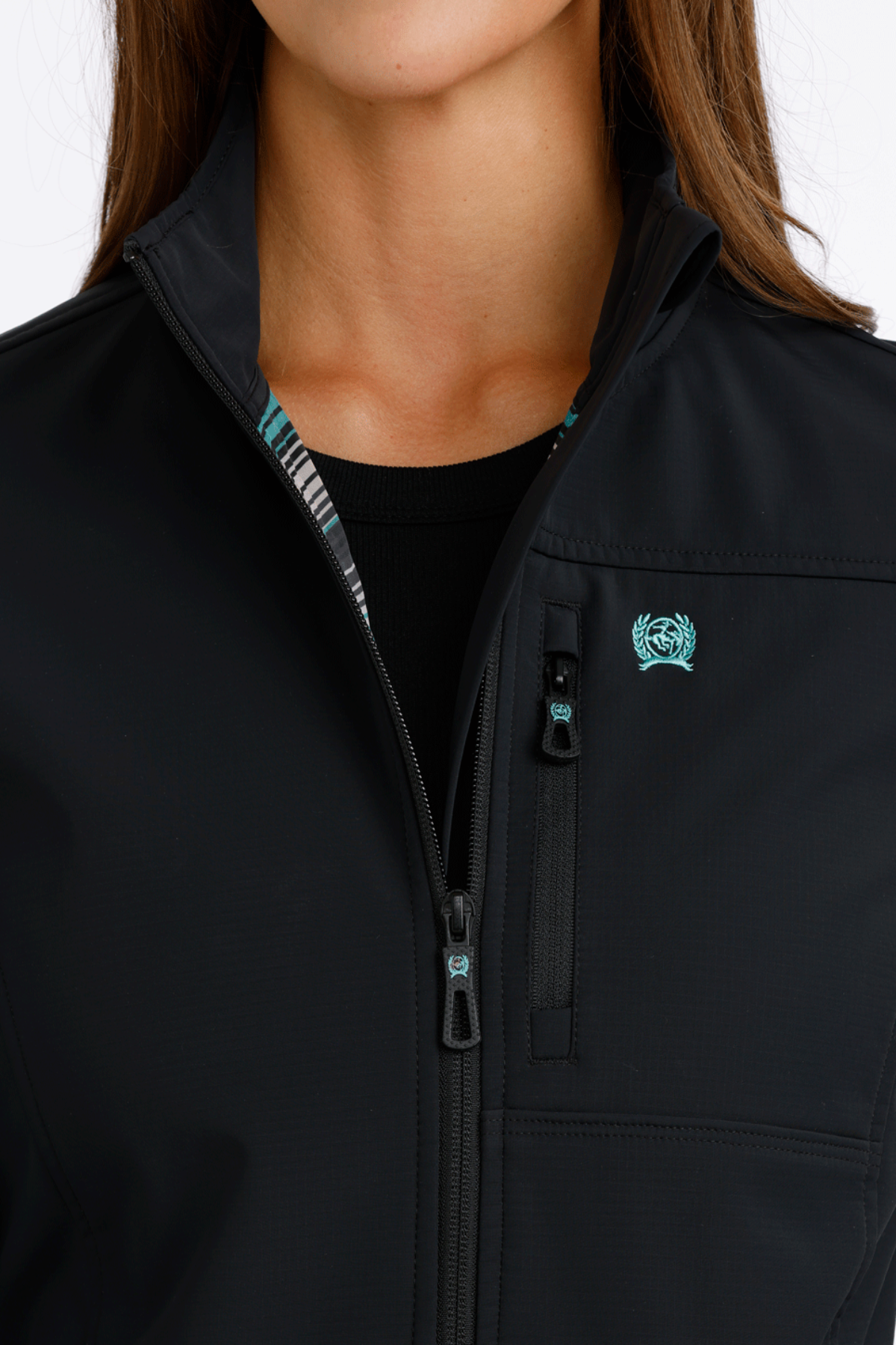 Black jacket with a brand logo on a white background