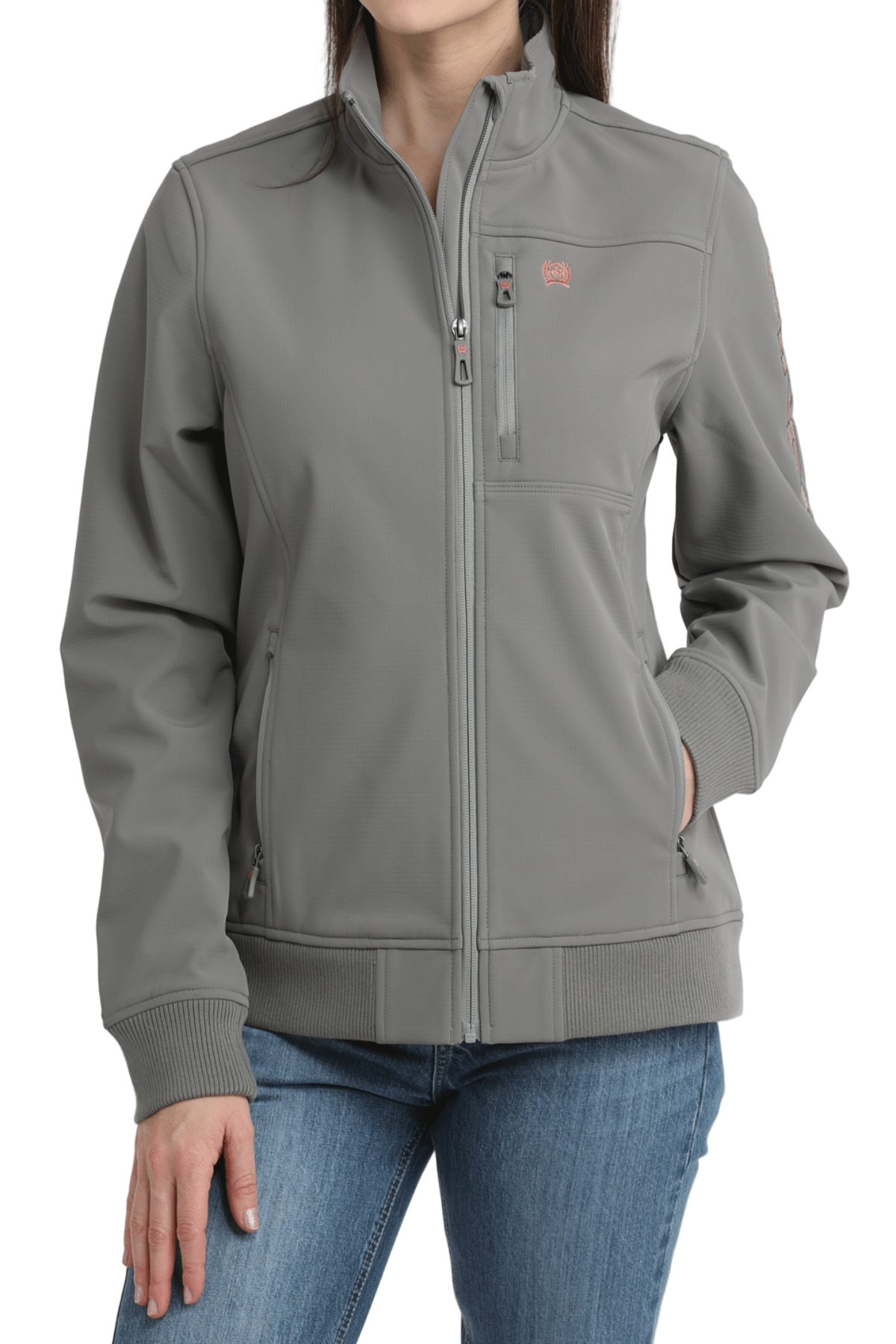 Gray jacket worn by a person on a white background