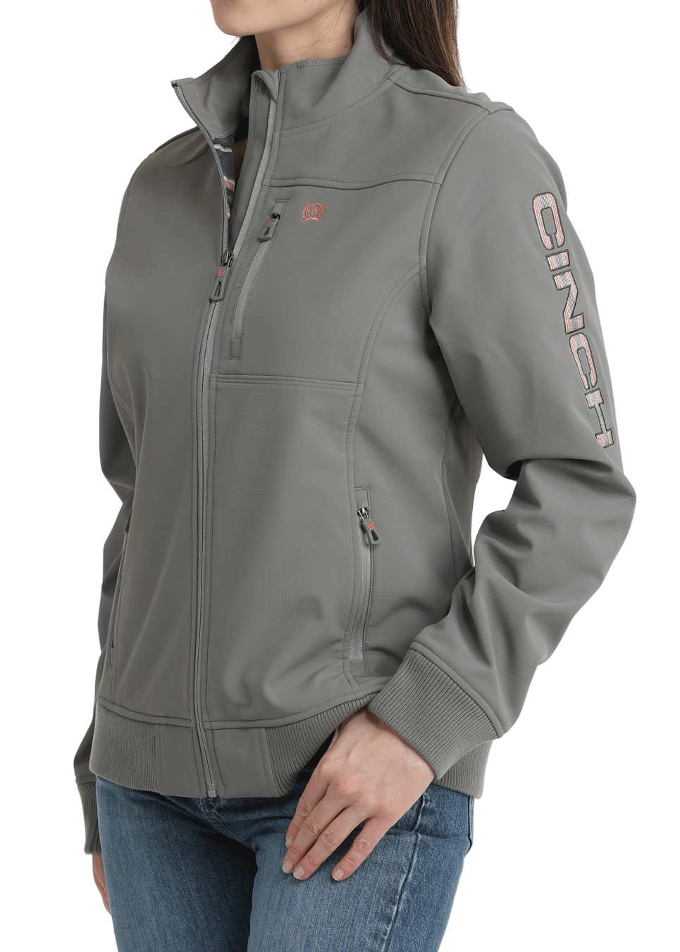Gray jacket with 'Cinch' branding on a white background