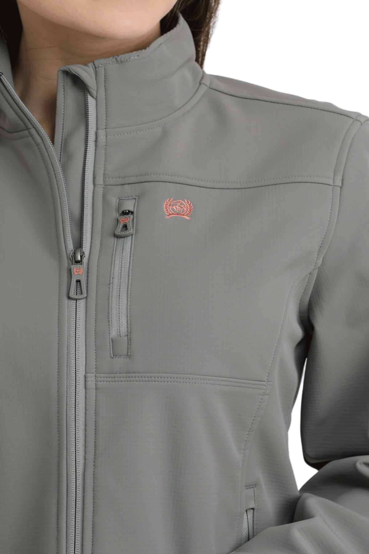 Gray jacket with a brand logo on a white background