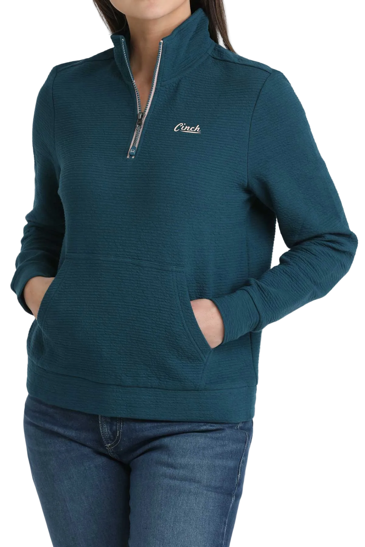 Teal pullover with a brand logo on a white background