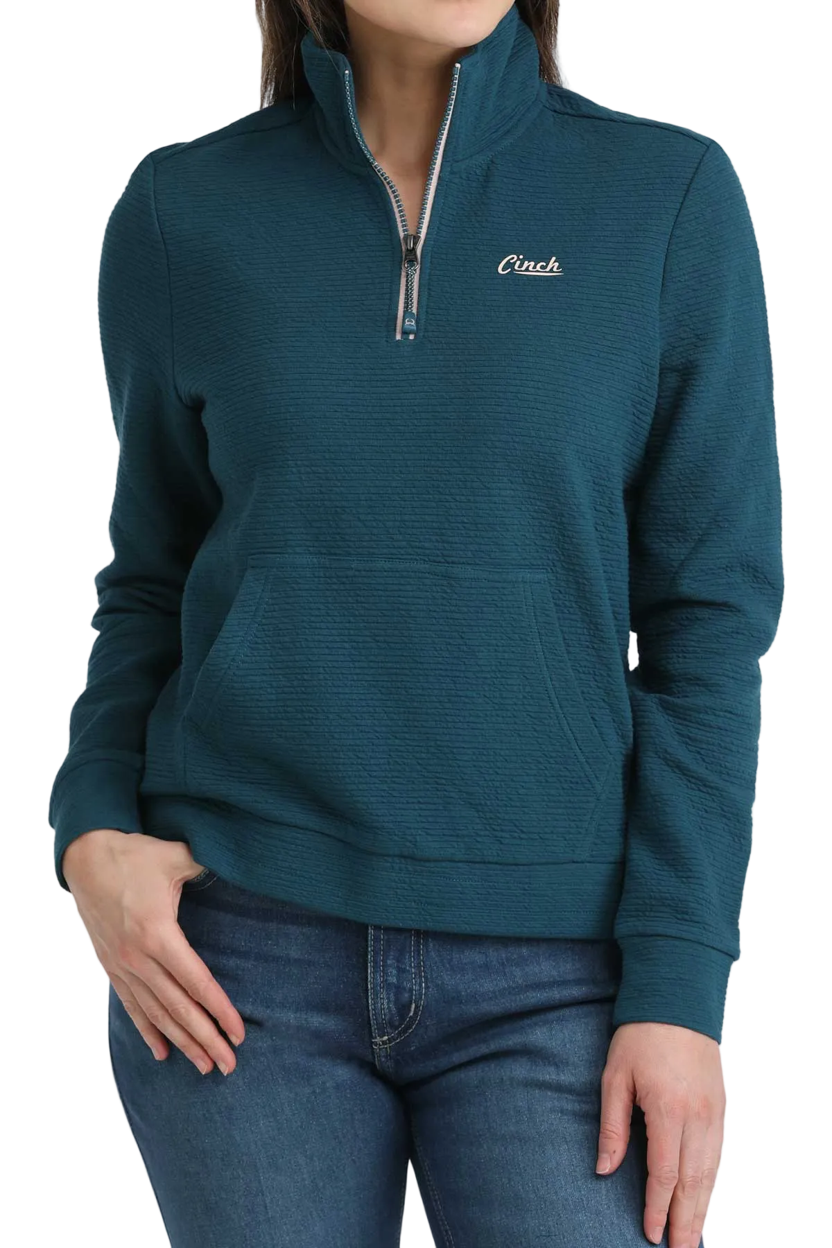 Teal pullover with a brand logo on a white background