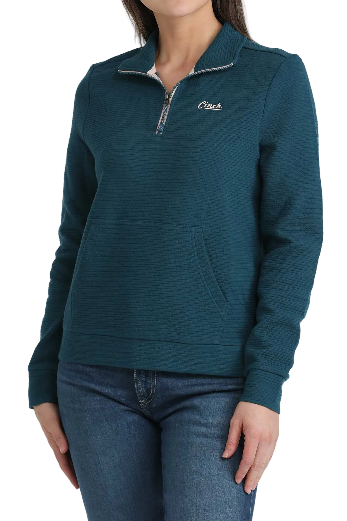 Teal pullover with a brand logo on a white background