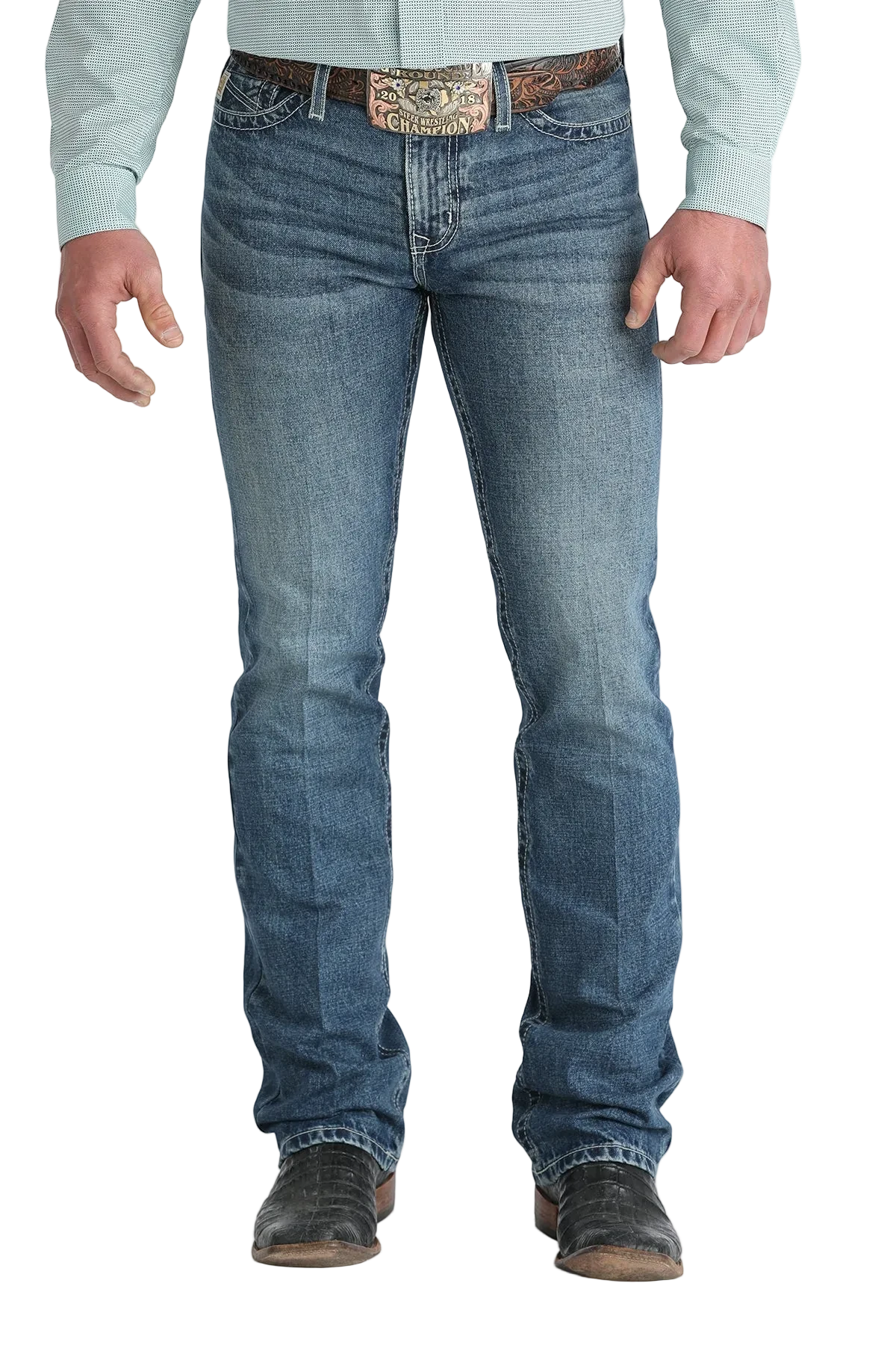 Blue jeans worn by a person on a white background
