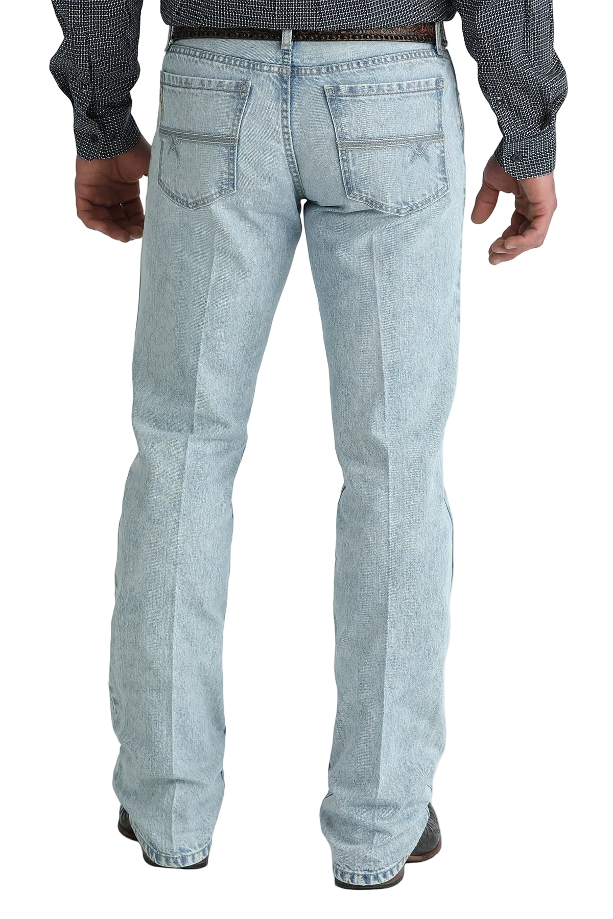 Light blue jeans worn by a person on a white background
