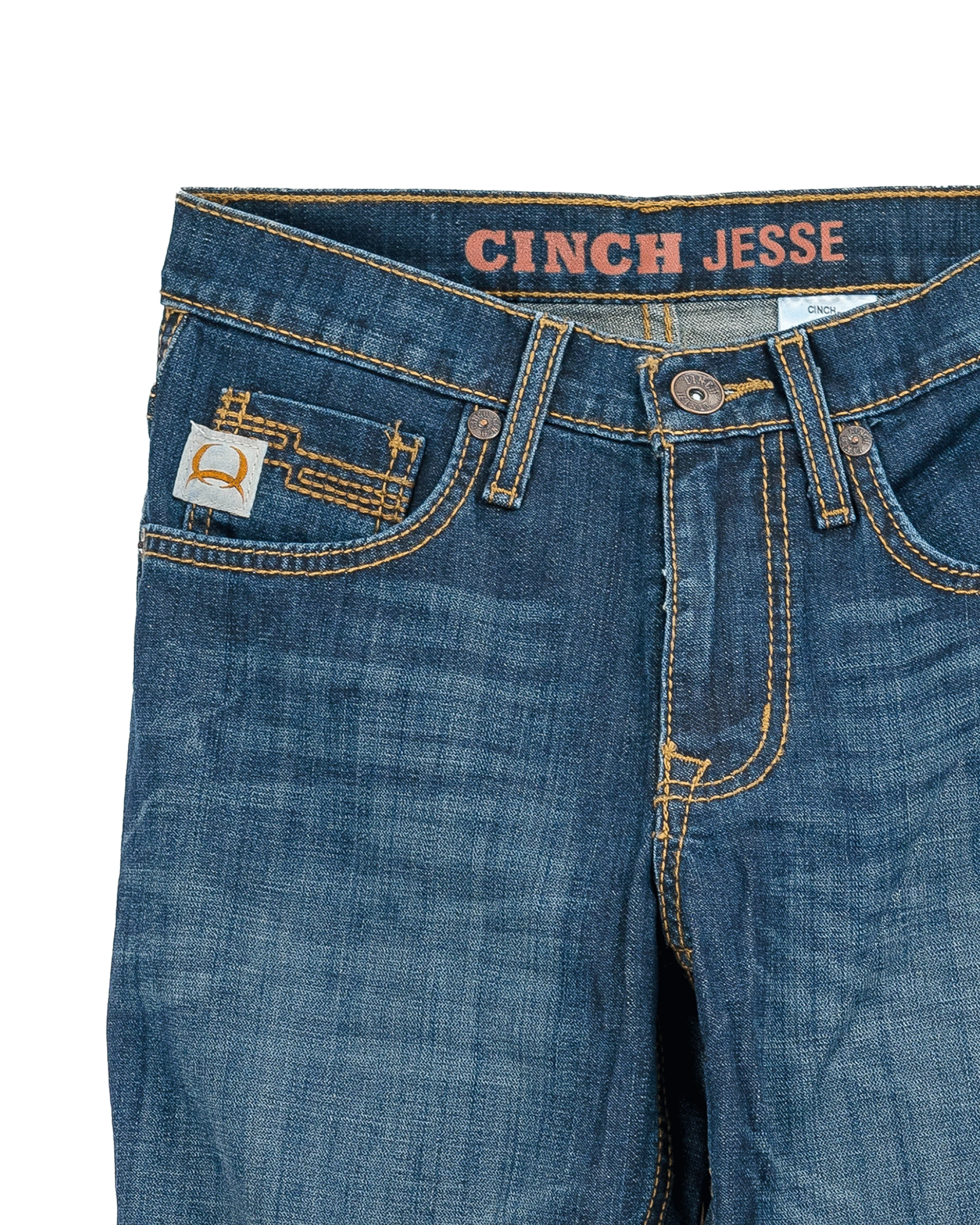Blue jeans with 'CINCH JESSE' branding on a white background