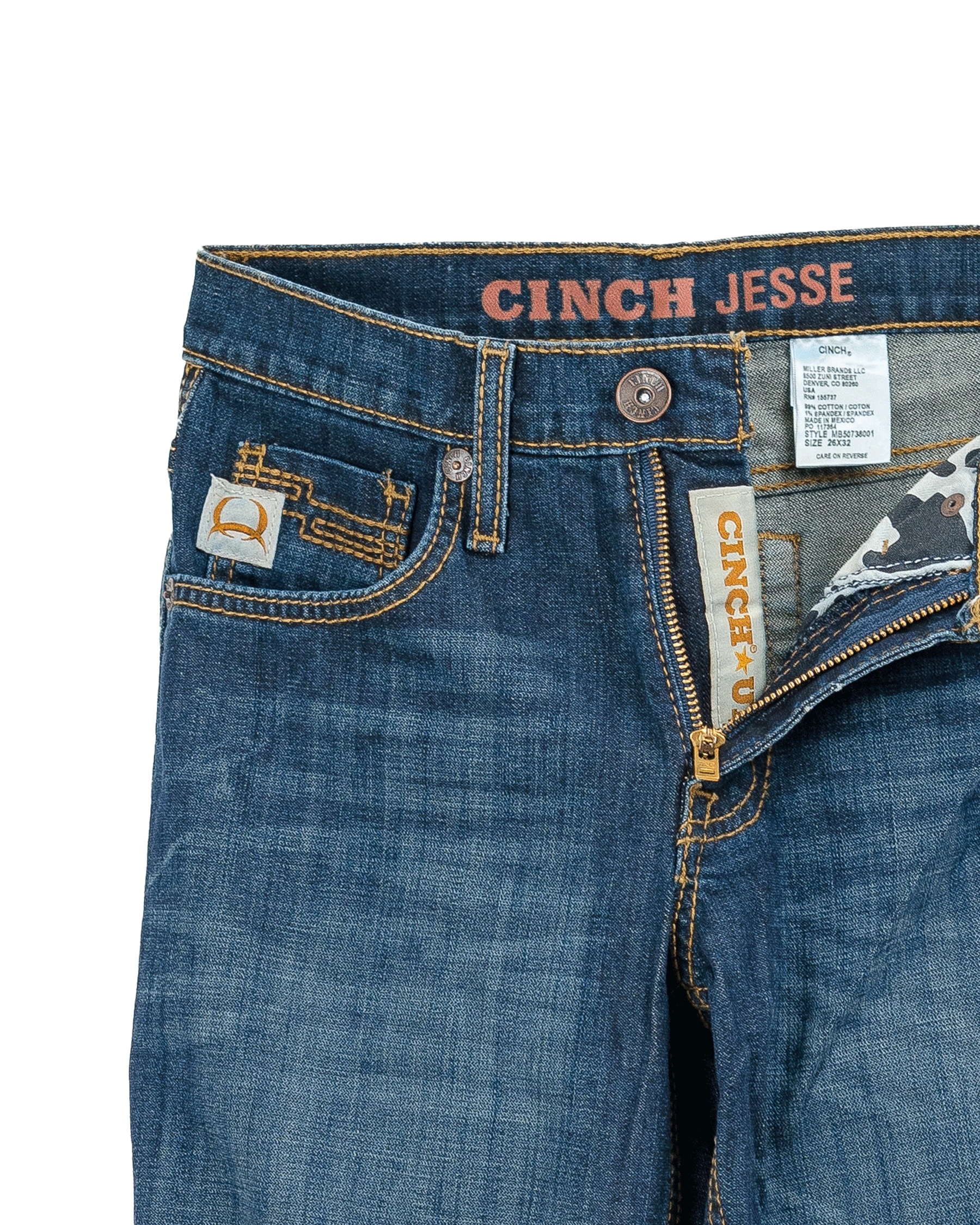 Close-up of blue jeans with 'CINCH JESSE' branding on a white background