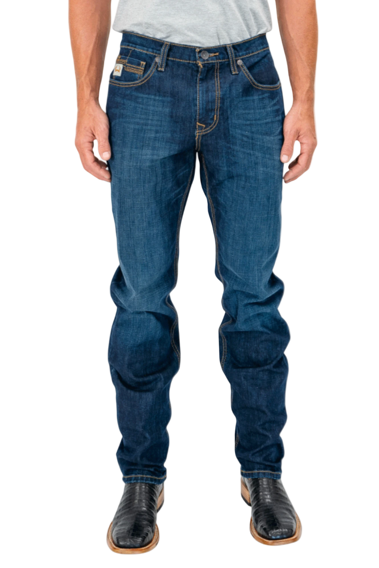Person wearing blue jeans on a white background