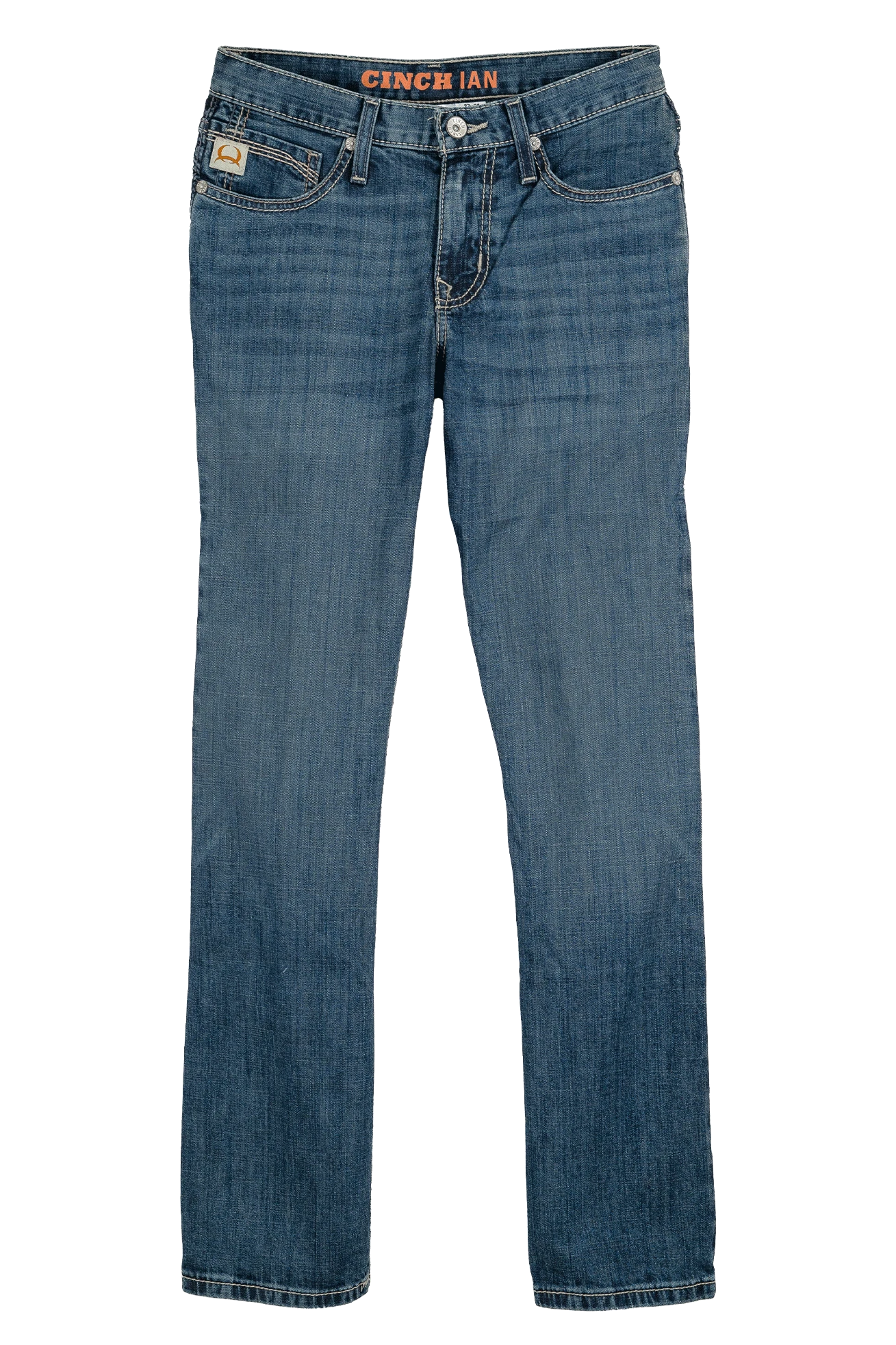 Blue jeans with a brand logo on a white background