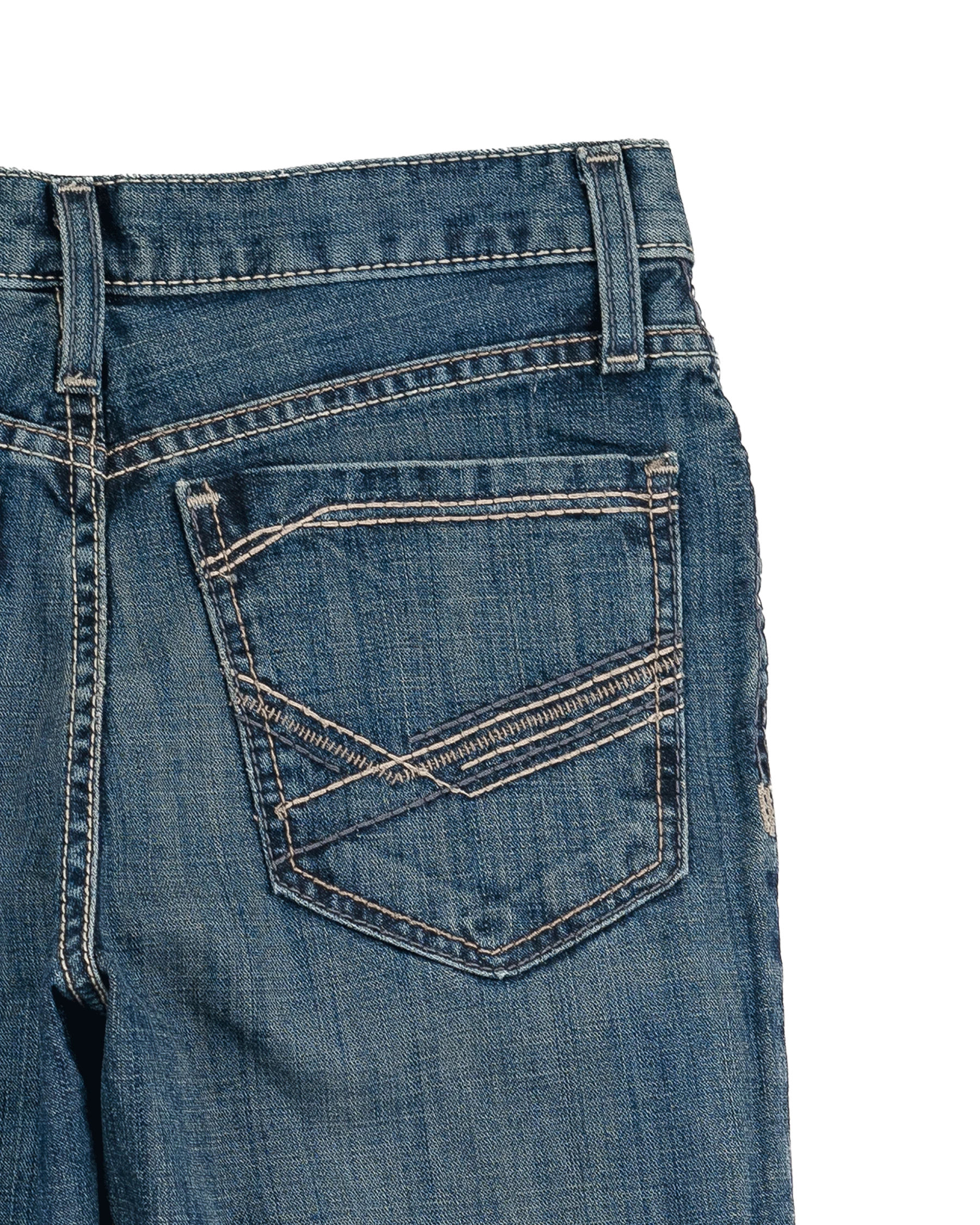 Close-up of blue jeans with a pocket on a white background