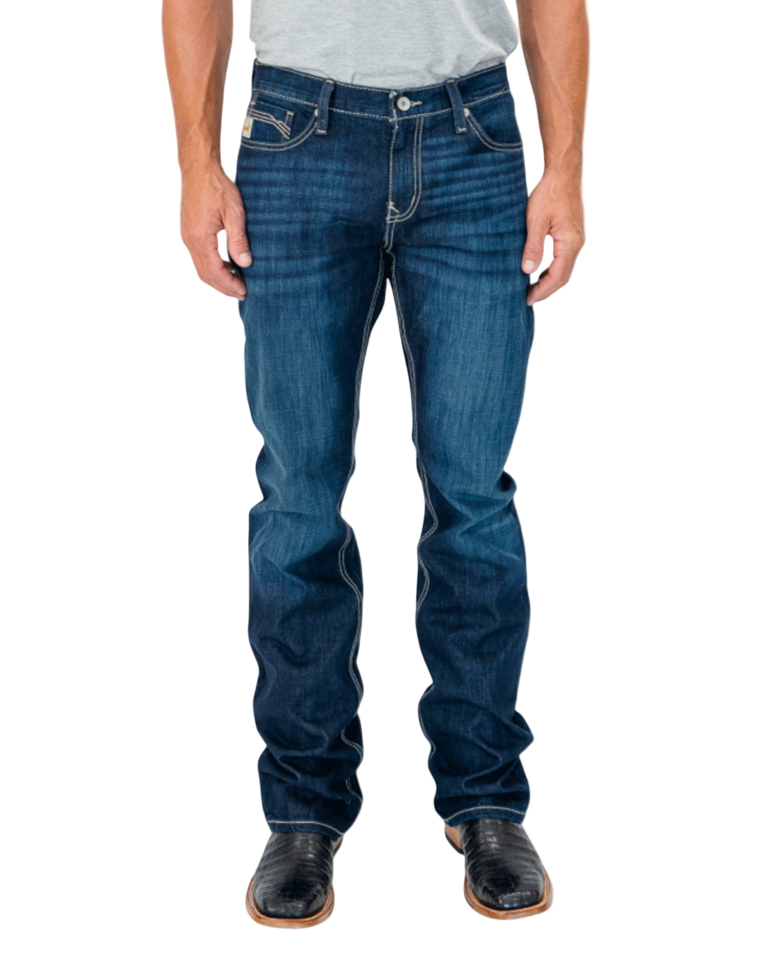 Person wearing blue jeans on a white background
