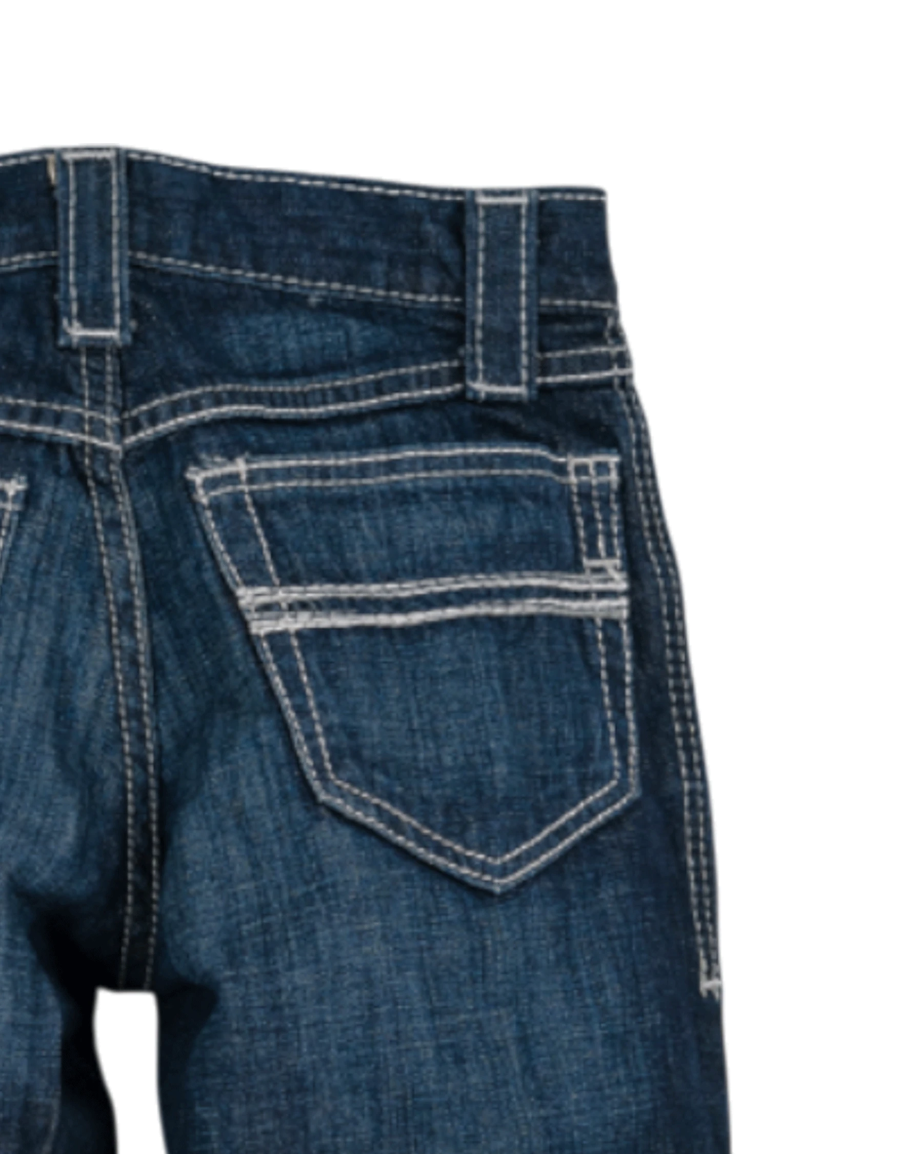 Back view of dark denim jeans on a transparent background