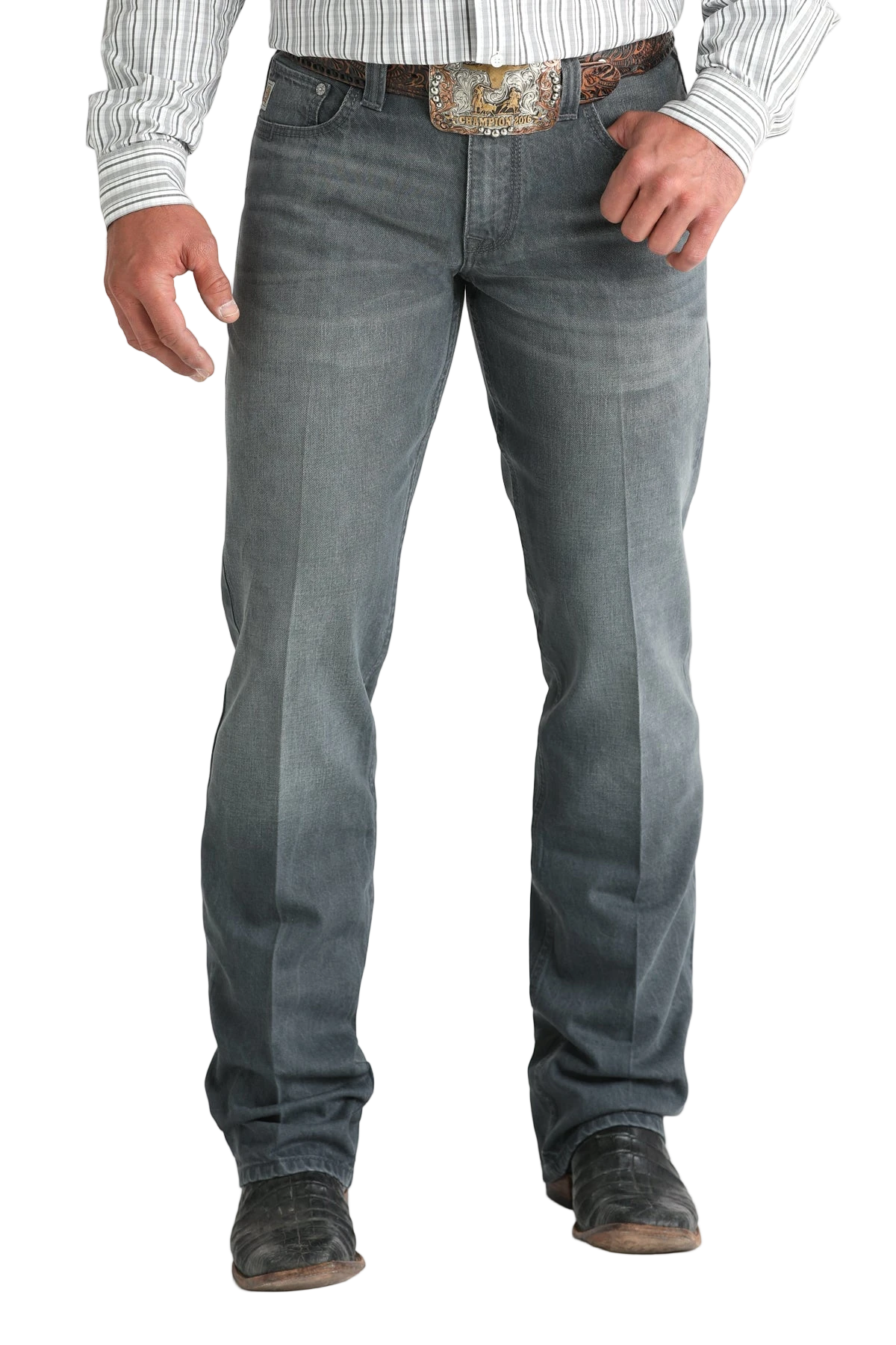 Person wearing gray jeans and a striped shirt on a white background
