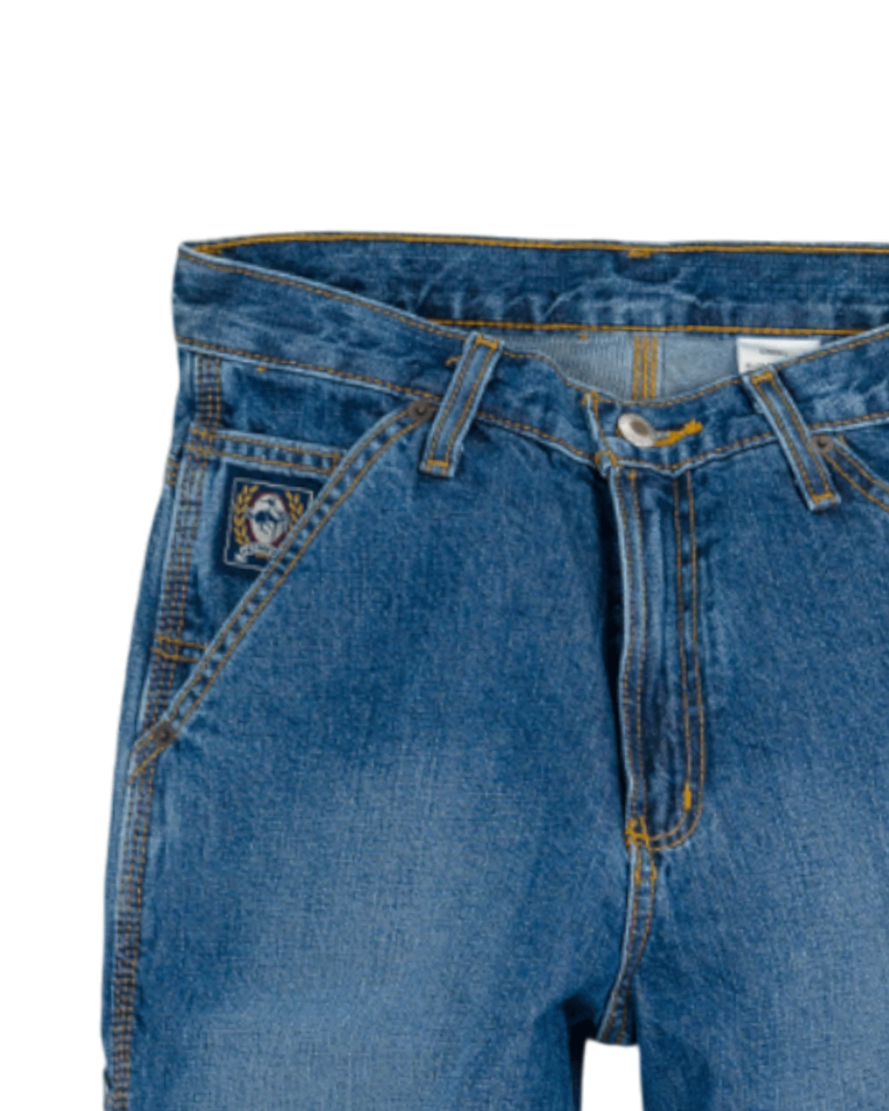 Close-up of blue jeans with a visible brand logo on a white background
