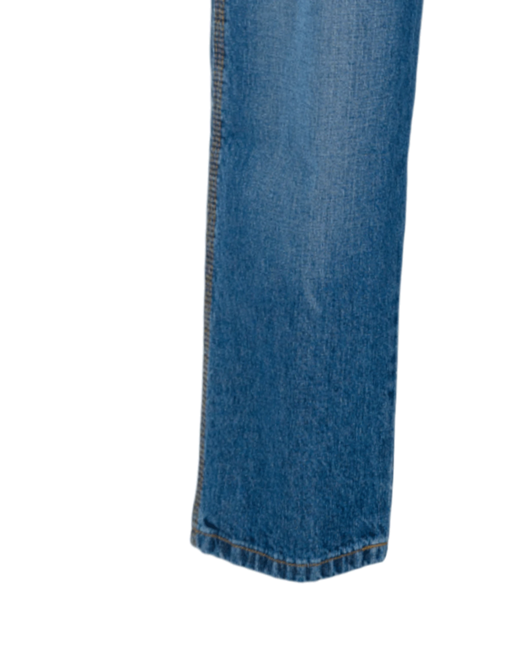 Close-up of blue jeans leg on a white background