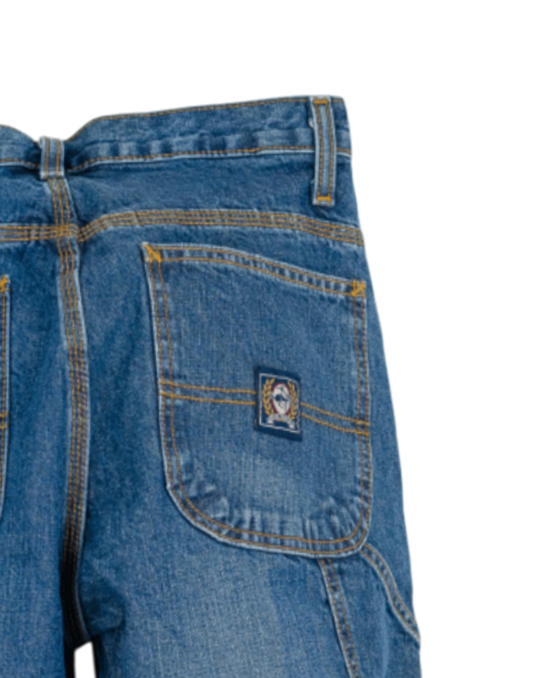 Close-up of blue jeans with a brand logo on the pocket against a white background